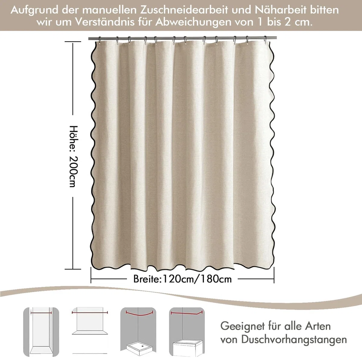 MIULEE Duschvorhang 180x200 Leinen Texturiert Gewellter, Duschvorhang Beige mit Schwarze Rand Hotel Luxus Wasserdicht Duschvorhänge, Antischimmel Waschbar Stoff Badvorhang für Badezimmer mit 12 Ringe