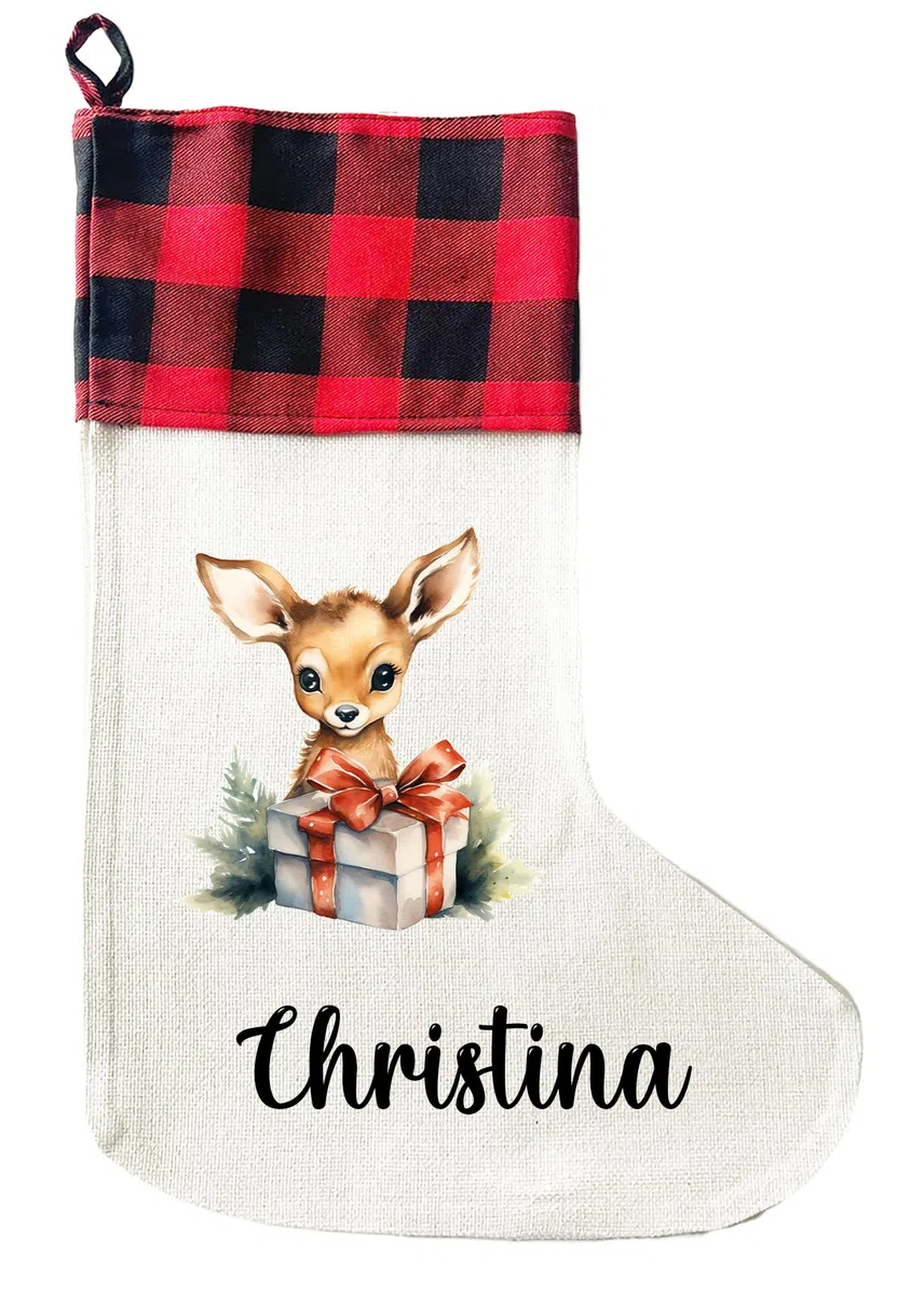 LIEBTASTISCH - Personalisierte Weihnachtssocken mit Tieren - 40cm x 30cm - Weihnachtsstrumpf zum Nikolaus oder Weihnachten - Namen - Geschenkbeutel - Nikolausstiefel zum Aufhängen (REH)
