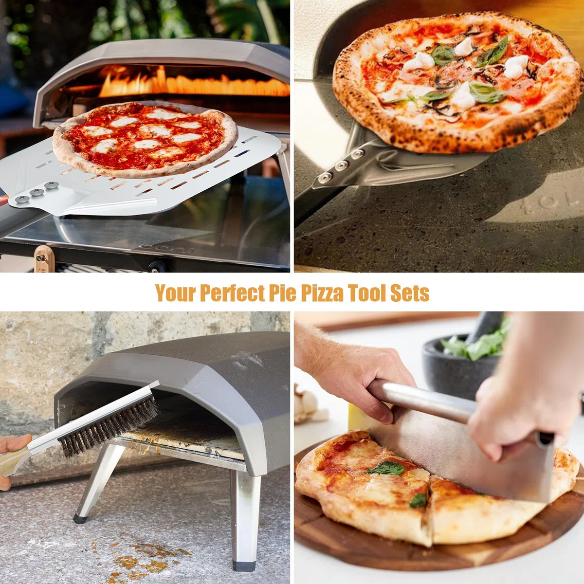 4tlg Pizza Schieber Set, 12 Zoll Pizzaschieber Perforiert + 9 Zoll Pizzaschaufel aus Alulegierung + Profi Pizzaschneider + Pizzaofen Bürste aus Naturborsten, Pizzawender mit 40cm abnehmbarem Griff
