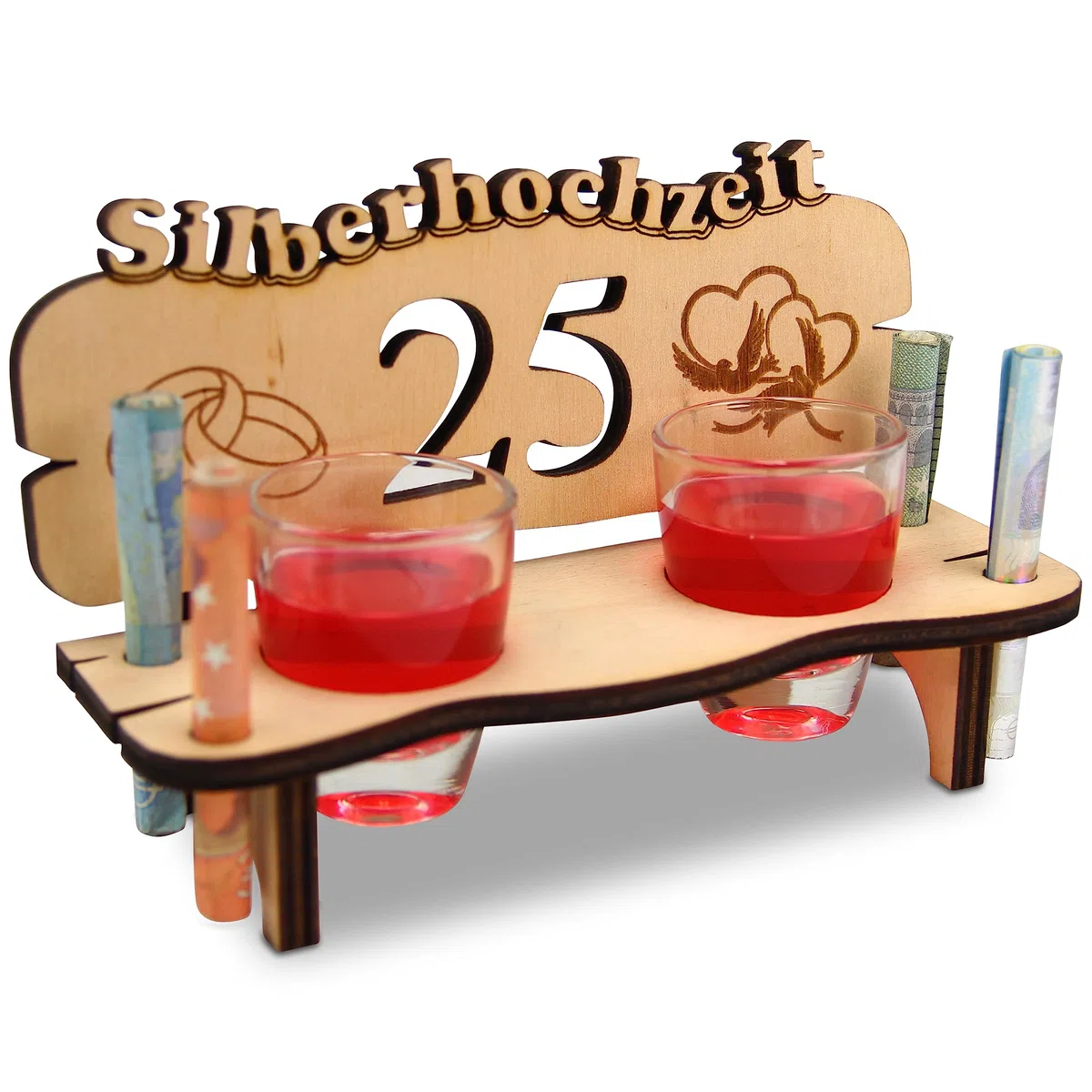 Urhome Hochzeit Schnapsbank aus Holz und 2 Schnapsgläser - 25. Hochzeitstag zur Silberhochzeit - Hochzeitsbank mit Gläser zum Jubiläum Jahrestag - Hochzeitsgeschenk für Brautpaar