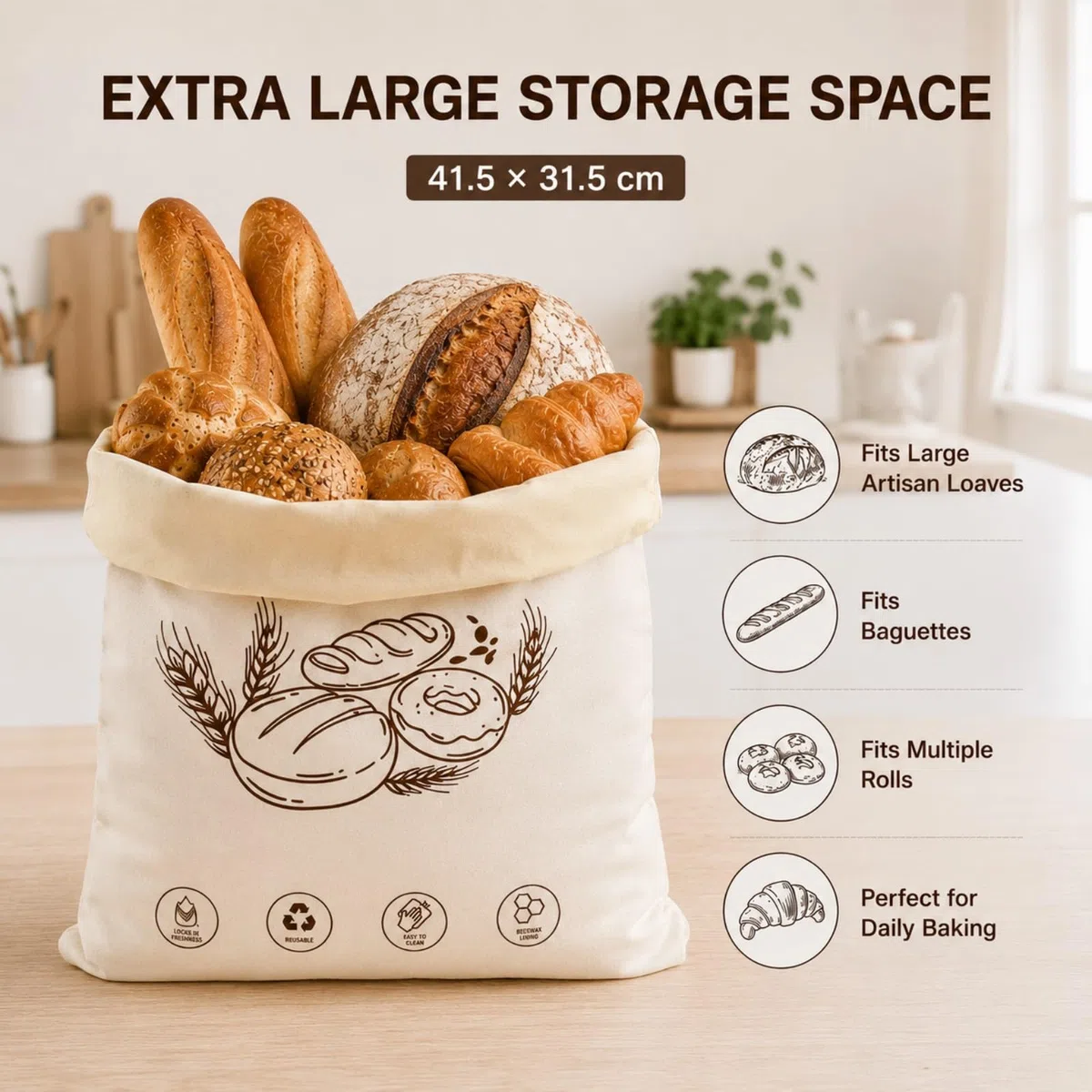 Brotbeutel Bienenwachs, Wiederverwendbarer Brotbeutel zum Frischhalten, Brotaufbewahrung mit L-Reißverschluss & Tragegriff, Brotsack für Brot, Obst, Gemüse und Backwaren, 2er Set