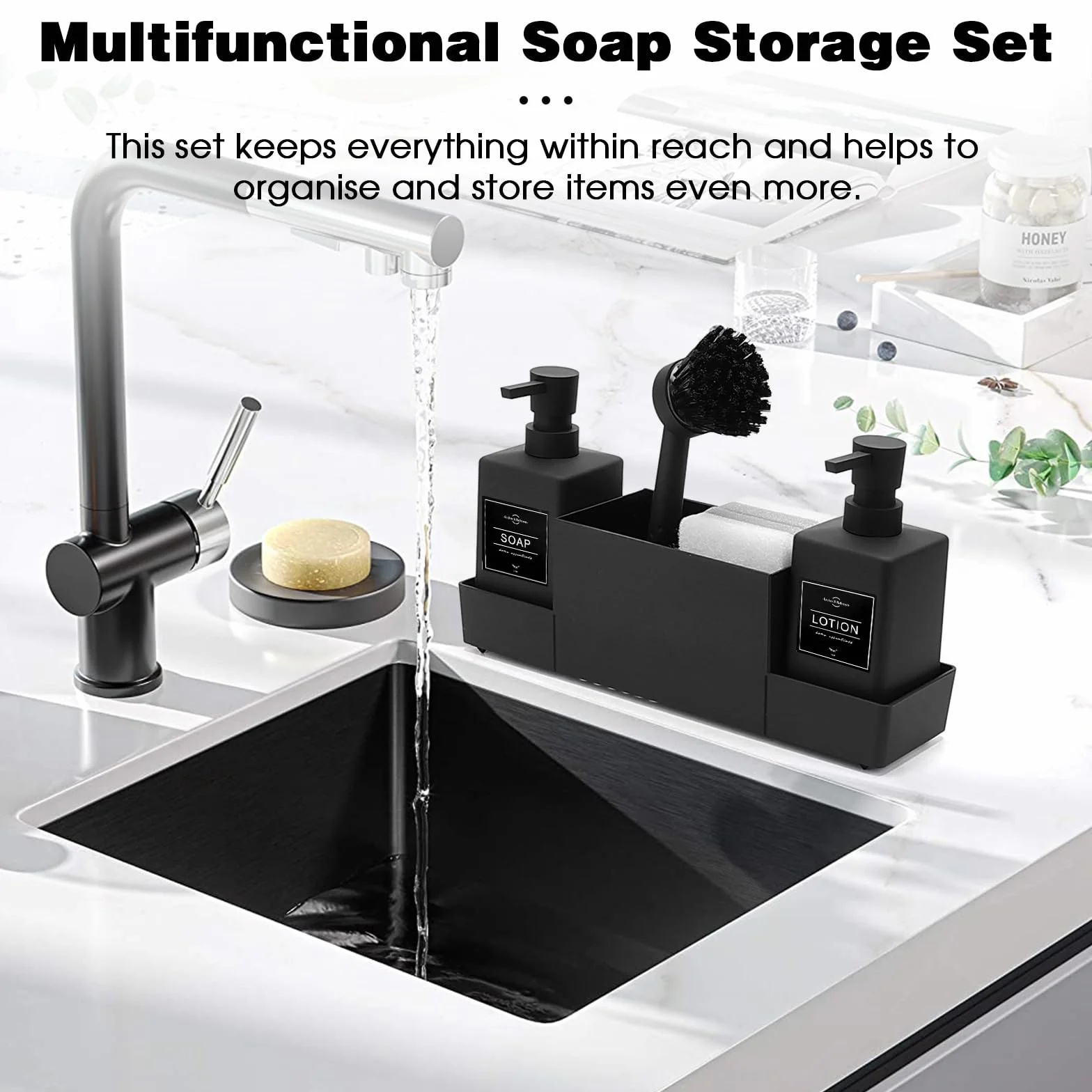 CAUTIOUS 350ML Seifenspender Schwarz Matt Spülbecken Organizer Spülmittelspender Küche Kunststoff Spülmittelspender mit Bürste und Spülschwamm Soap Dispenser Ausgestattet mit 3 Pumpenköpfen