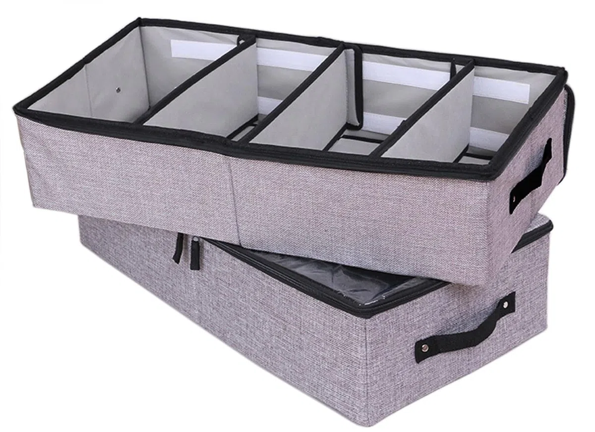 AARAINBOW Stoff Unterbettkommode mit Verstellbaren Zellen, Unterbett Schuhe Aufbewahrungsbox mit Deckel, 2 Stück, 24L, 58 cm, Faltbare Unterbett Schuhe Kleidung Aufbewahrung mit Griff (2 Grau)