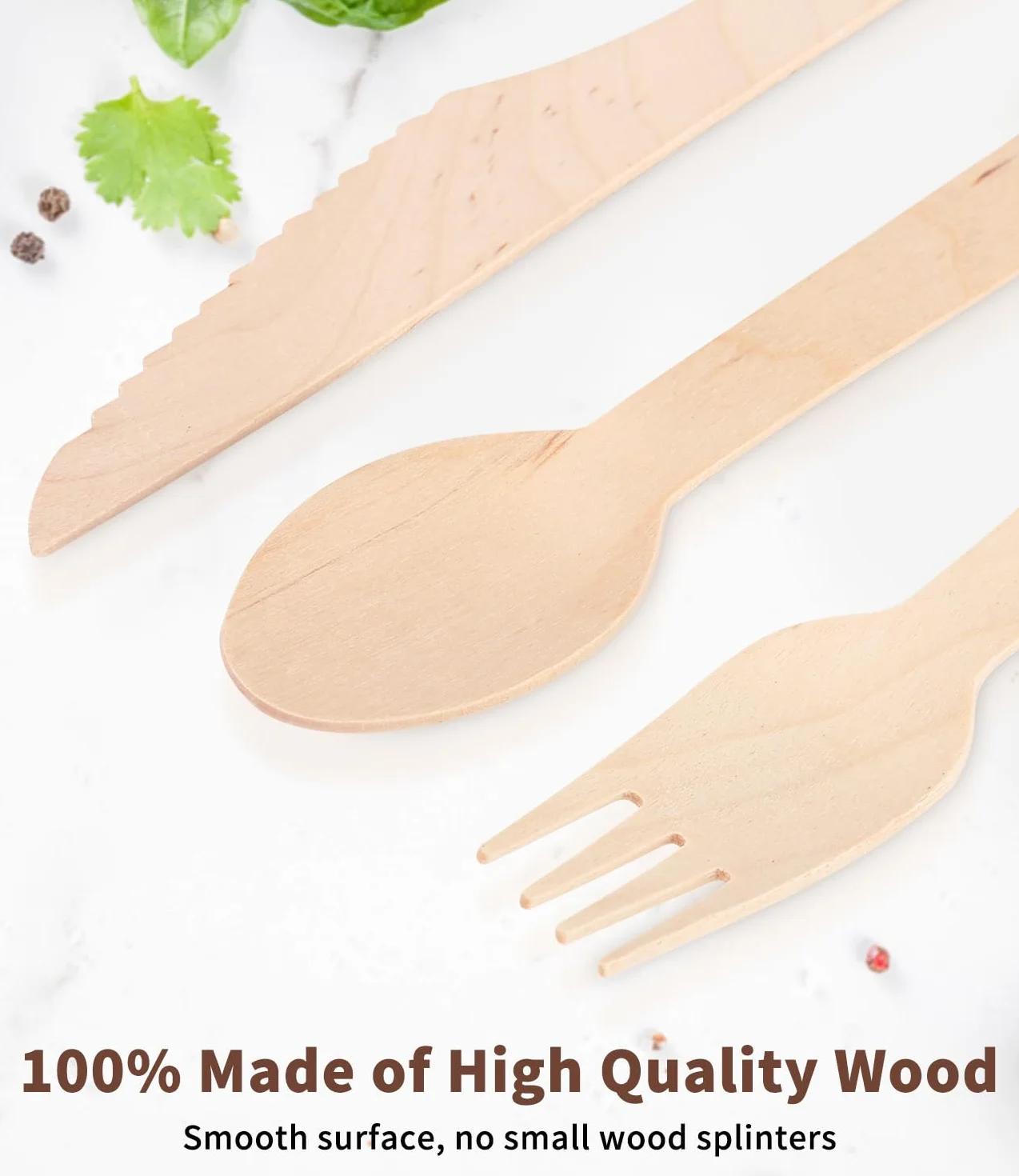 Heuchaey Besteck, Holzbesteck, 300-teilig, 100 Messer, 100 Gabeln, 100 Löffel, Besteck-Set, für Partys und Camping
