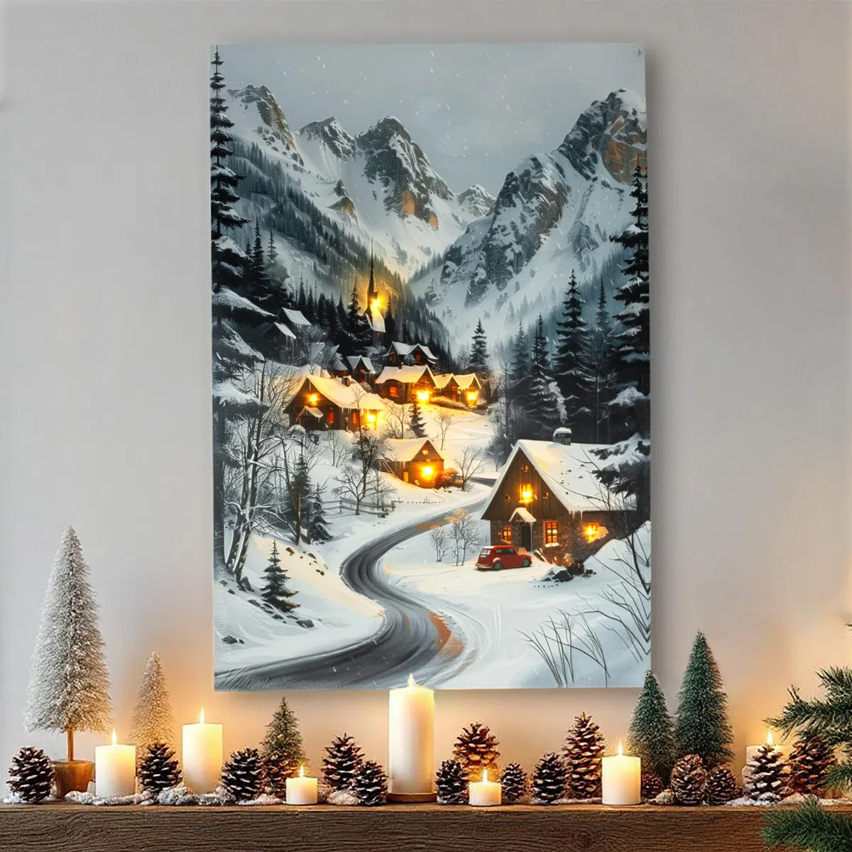 Spetebo Weihnachts Wandbild mit LED Beleuchtung Batterie betrieben - 58 x 38 cm - Winterdorf Leinwandbild warm weiß beleuchtet - Weihnachten Advent Winter Bild Wanddeko Weihnachtsbild Fotodruck