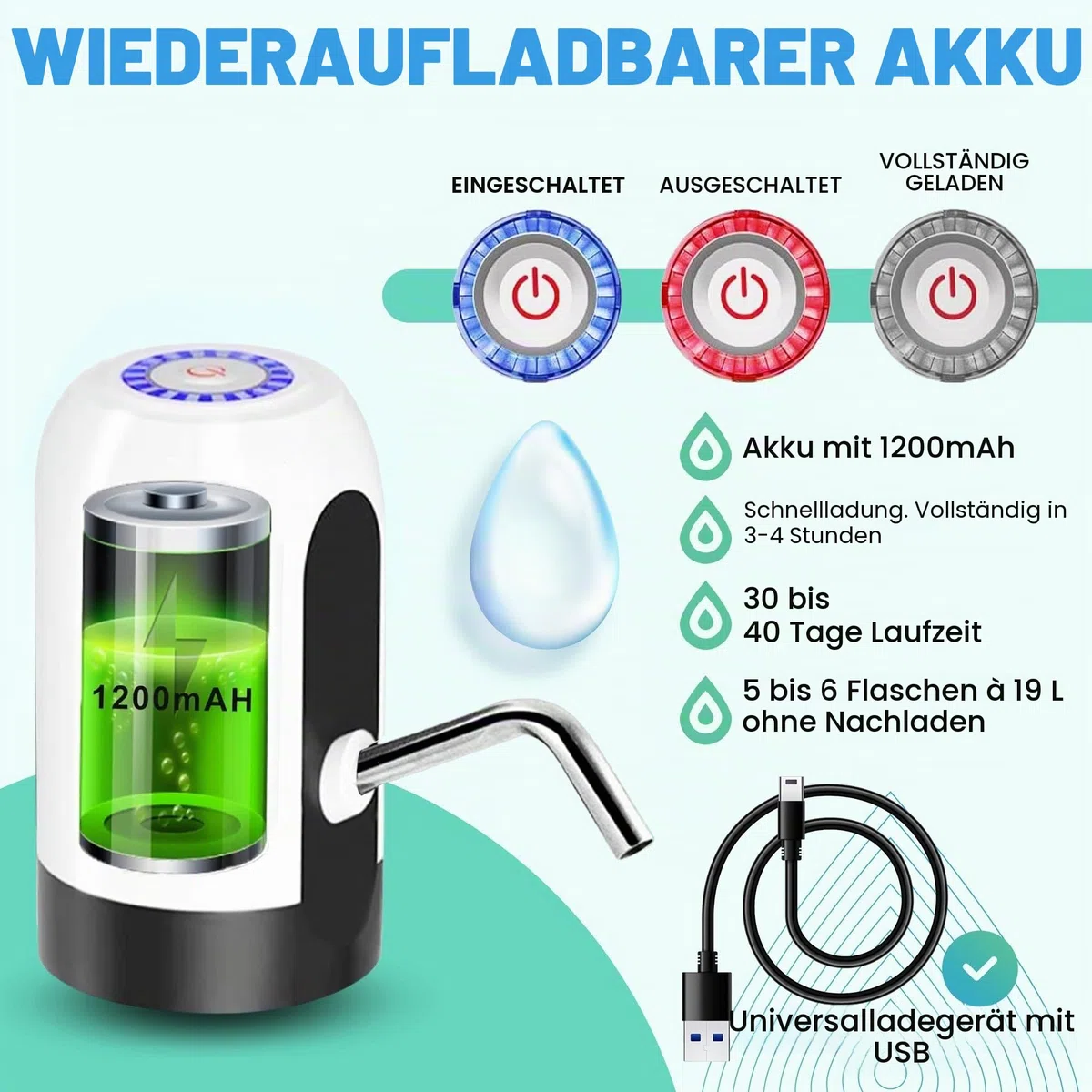 Wasserspender, elektrischer Wasserhahn für Kaltwasserkanister, Dosierpumpe mit zwei Adaptern, 5,7 l, 10 l, 11,3 l, 15 l, 18,9 l.