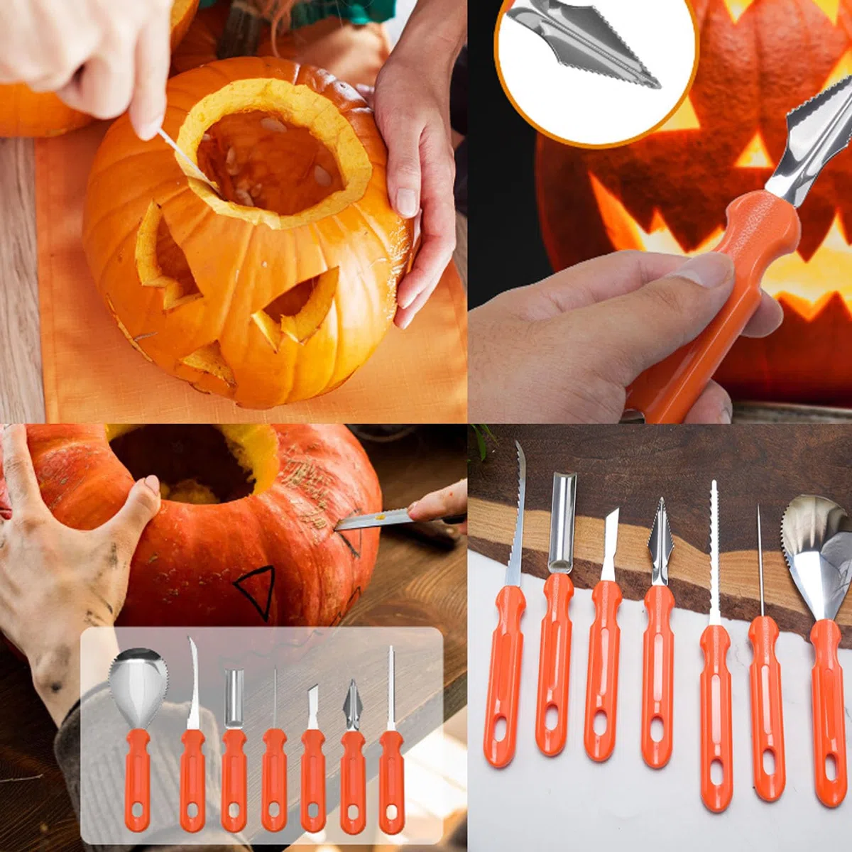ANBOO Halloween Kürbis Schnitzset, Edelstahl Kürbis Schnitzwerkzeug, Kürbisschnitzset mit Tasche für DIY, Kinder Erwachsene und Familie 7 Stück