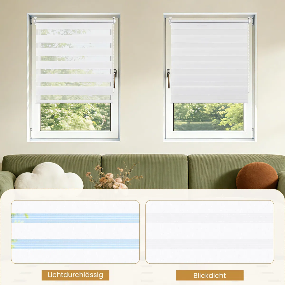 Grandekor Doppelrollo Klemmfix ohne Bohren 85x120cm Stoffbreite 85cm Weiß Fenster Rollos für innen Klemmrollos Duo Rollos für Fenster ohne Bohren mit Bohren Privatschutz UV-Schutz Zebrarollo