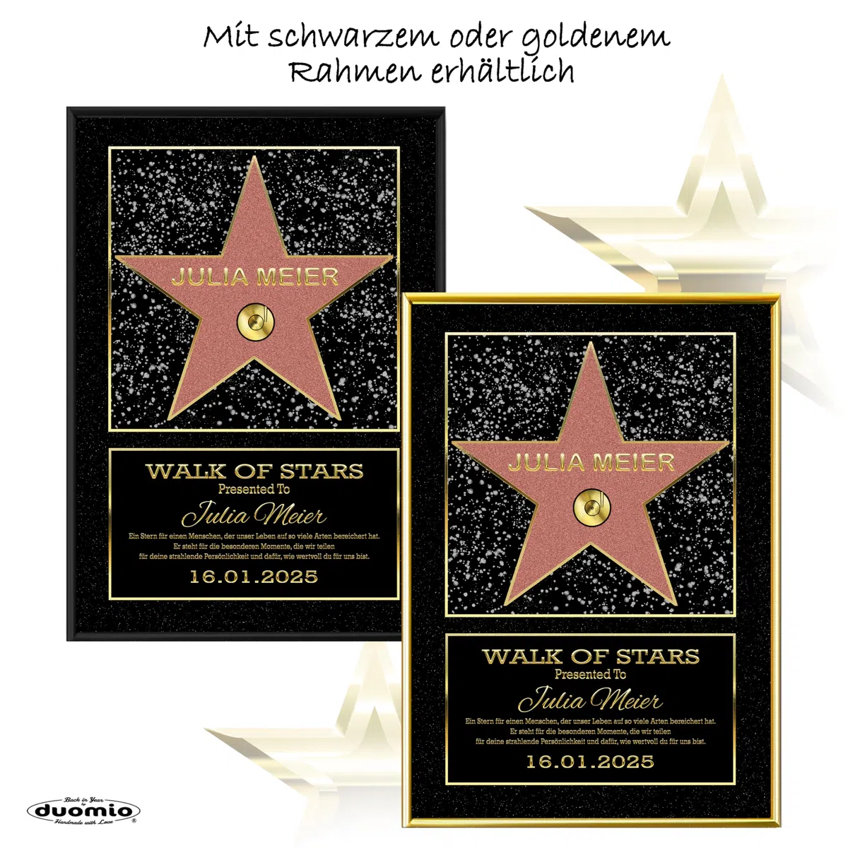 DUOMIO HOLLYWOOD Walk of Fame Stern, personalisierte Urkunde optional mit Rahmen | 3 Größen, Design, Thema, Text, Hintergrundfarbe frei-wählbar| Premium-Papier-Druck| Geschenke Mann/Frau