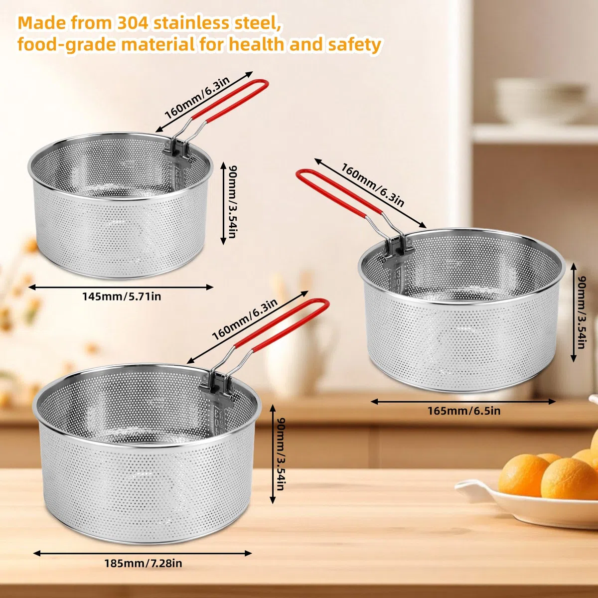 IIRC Nudelsieb Edelstahl 3er Set, 16/18/20cm Edelstahl Sieb Küche mit Abnehmbaren Griff für Waschen, Abtropfen, Frittieren, Blanchieren, Kochen