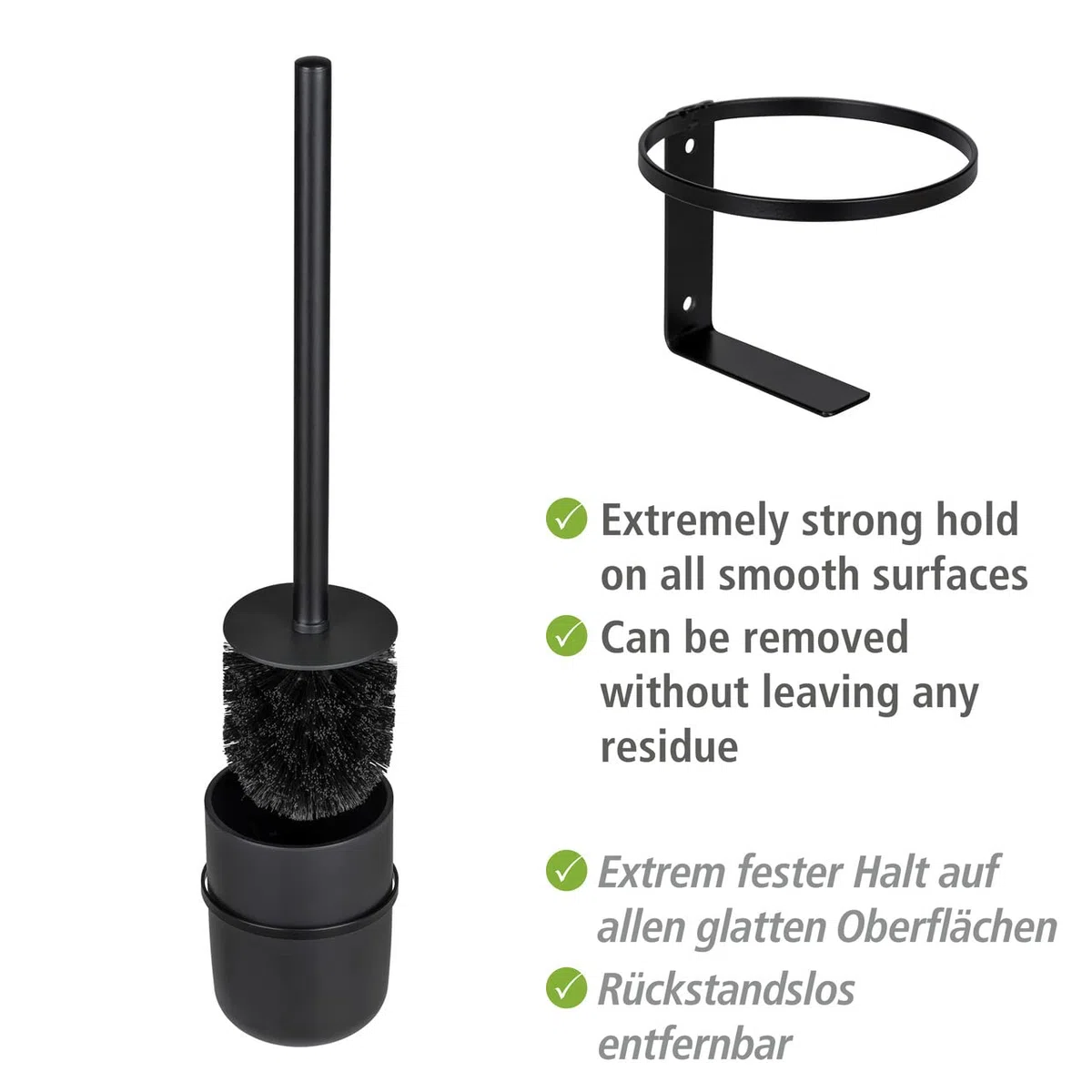 WENKO WC-Garnitur Mod. Carpino Kunststoff WC-Bürstenhalter für einfache Befestigung ohne Bohren Flexible Abdeckung Wandhalterung Metall Schwarz