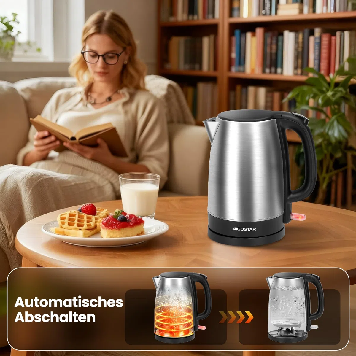 Aigostar Wasserkocher Edelstahl 1,7 L, 2200W Elektrischer Wasserkocher mit Kalkfilter, Kabellos, Abschaltautomatik, ideal für Tee, Kaffee, Babynahrung, BPA-Frei, Schwarz