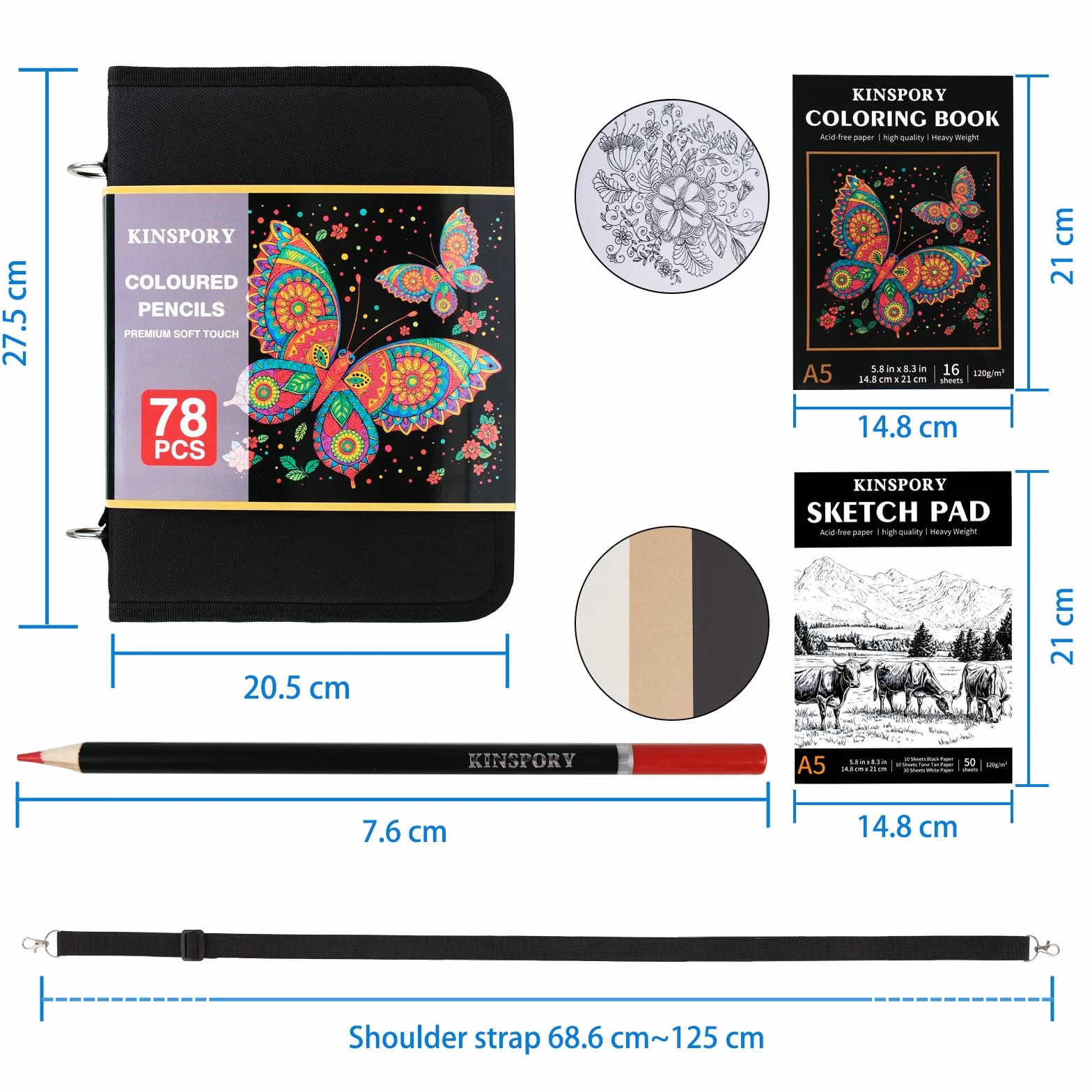 KINSPORY 78-teilige Buntstifte Set mit 3,0 mm weichen Minen, 50-blatt 3-farbiges Skizzenbuch, Farbstifte mit verstellbarem Schultergurt - Geschenk für Erwachsene Anfänger Teenager Mädchen Jungen