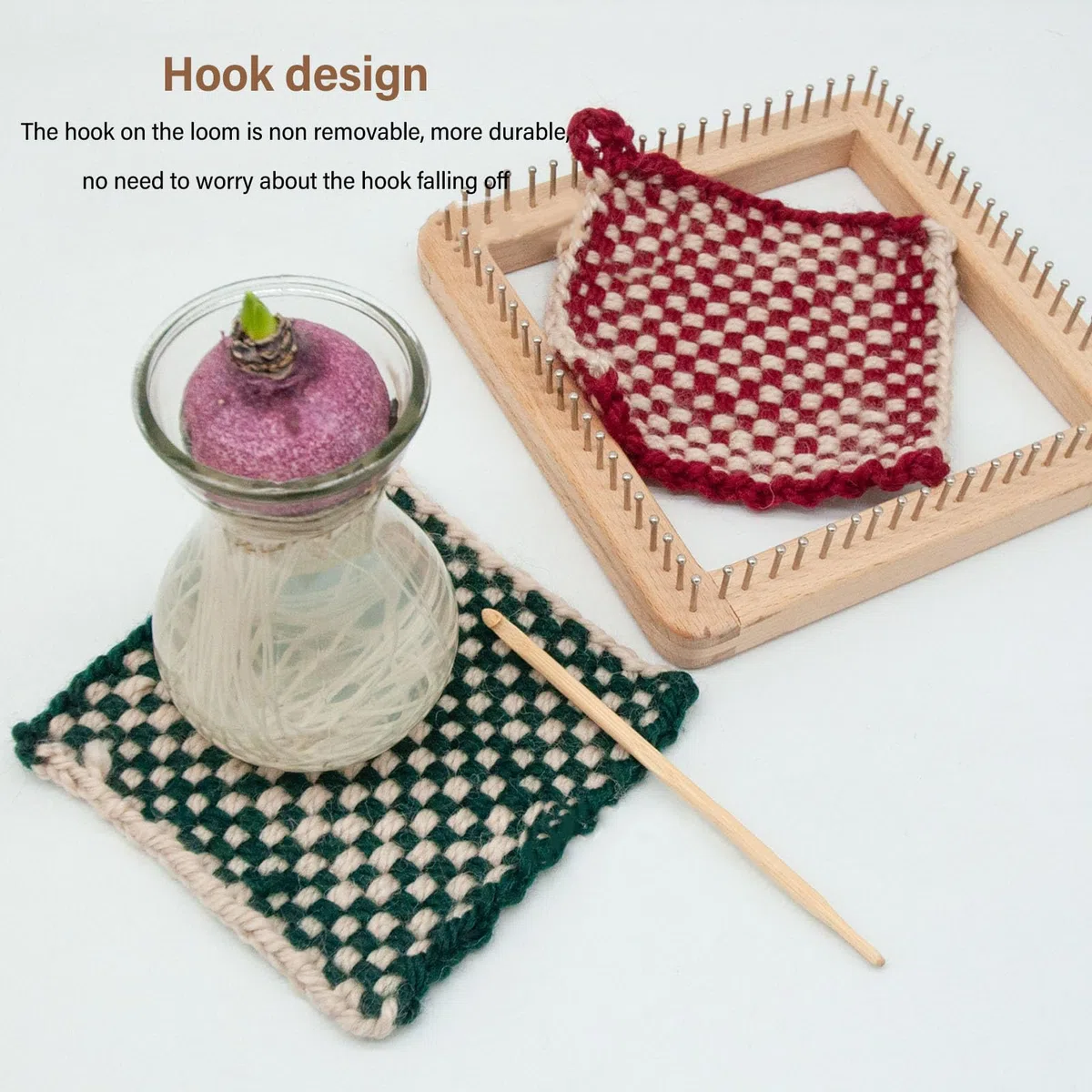 Fockety Quadratischer Strickwebstuhl, Handgefertigter Webstuhl für den Haushalt, DIY-Handarbeit-Holzstrickbrett-Strickwerkzeug Zum Weben von Mützen, Schals, Decken und Schals (20 * 20CM)