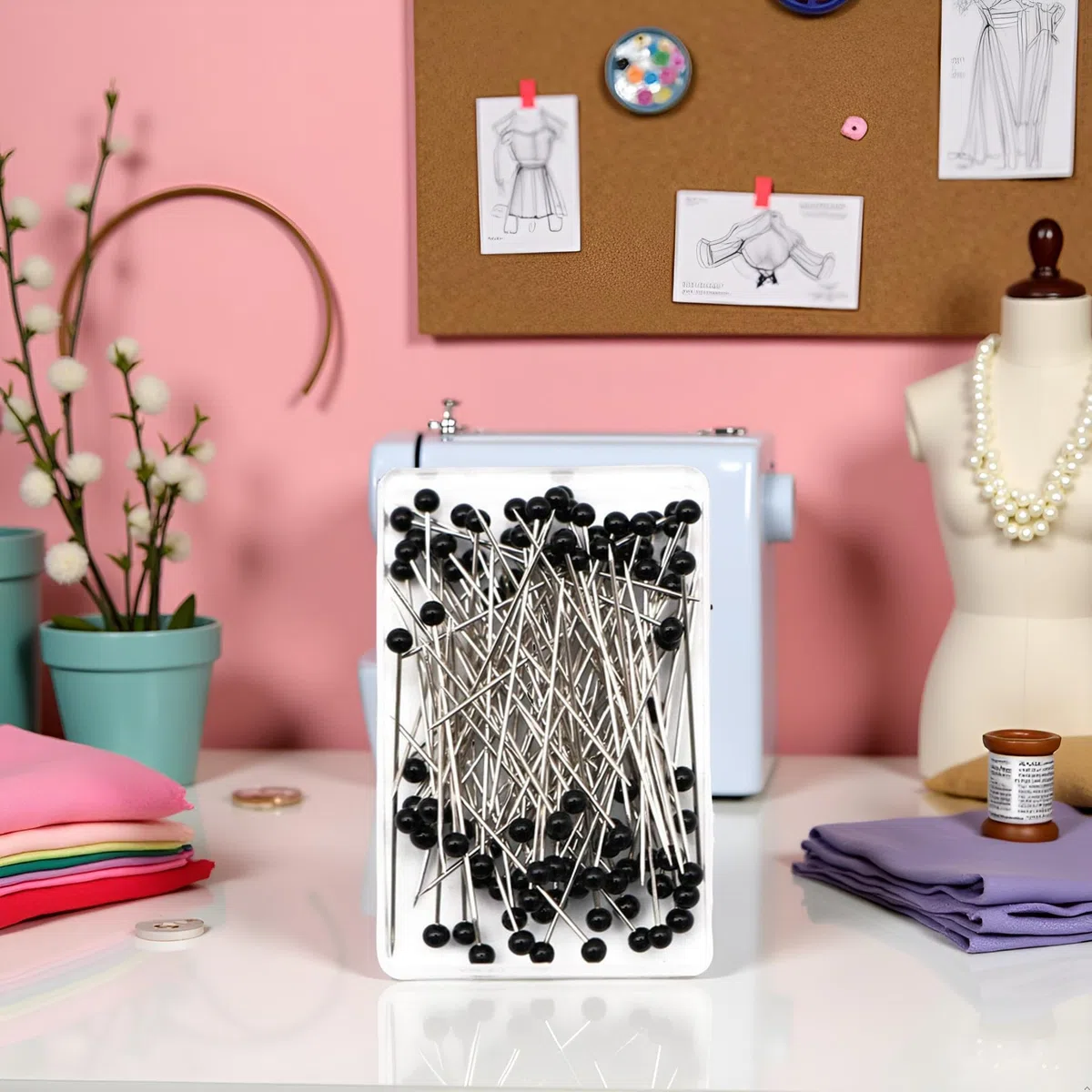 100 Stück schwarze Glaskopfnadeln zum Nähen, gerade Quilten, Schneidern, Schneidernadeln mit schwarzem Kugelkopf für Stoffschmuck, DIYnadeln und Nadelkissen