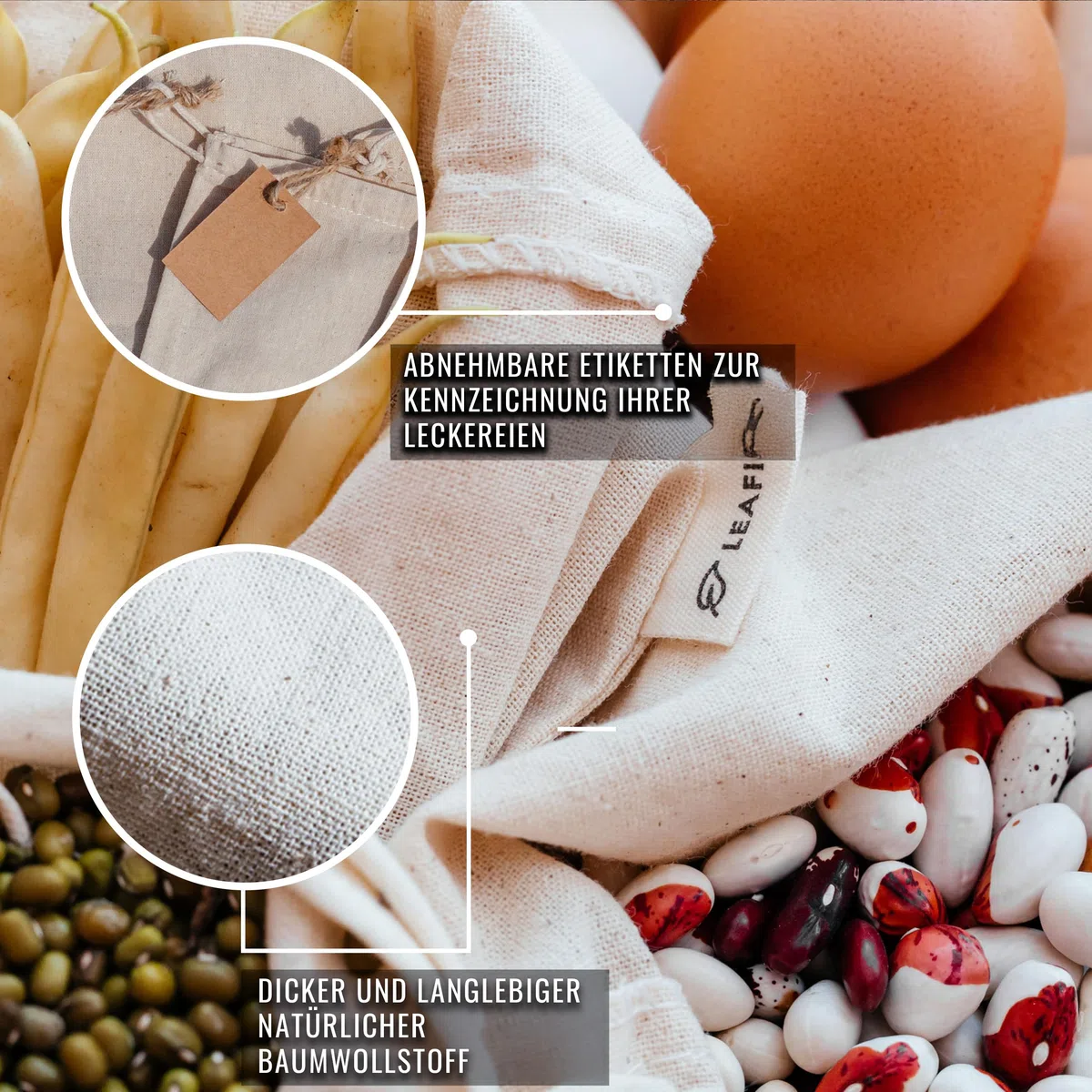 Leafico Wiederverwendbare Baumwollbeutel Mittel 20x25 cm – Stoffbeutel mit Kordelzug für Obst, Gemüse, Brot, Kräuter, Aufbewahrung, Geschenkverpackung – Bio Musselinbeutel nachhaltig – 12 Stück