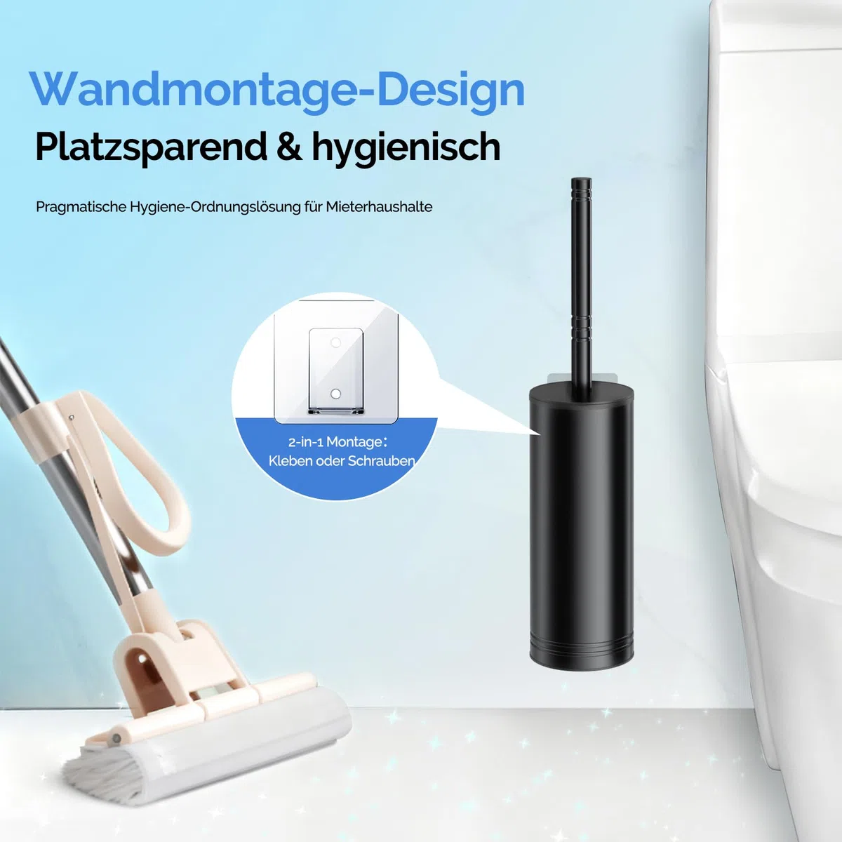 HAMITOR Edelstahl Klobürste Set: Toilettenbürste mit Wandmontage Ohne Bohren, WC Bürste für Tiefenreinigung unter dem Rand mit Schnell trocknendem & Abtropf-Halter, Langer Griff im Badezimmer-Schwarz