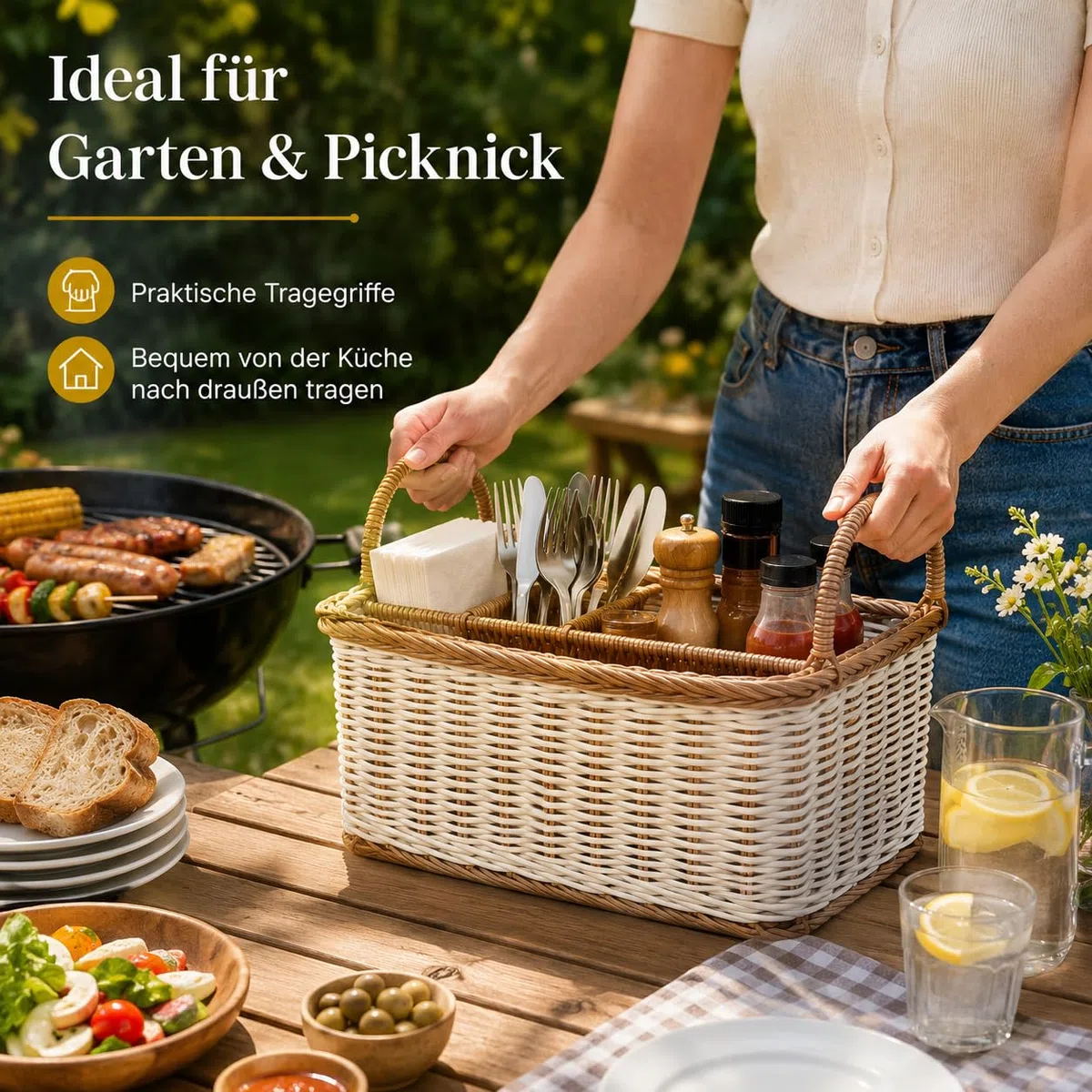 Besteckhalter aus Rattan, Besteckkorb Geflochten für Tisch, Tischbutler für Besteck und Utensilien mit Griffen und 4 Fächern, Waschbarer Besteckorganizer für Küche, Esszimmer, Garten oder Picknick