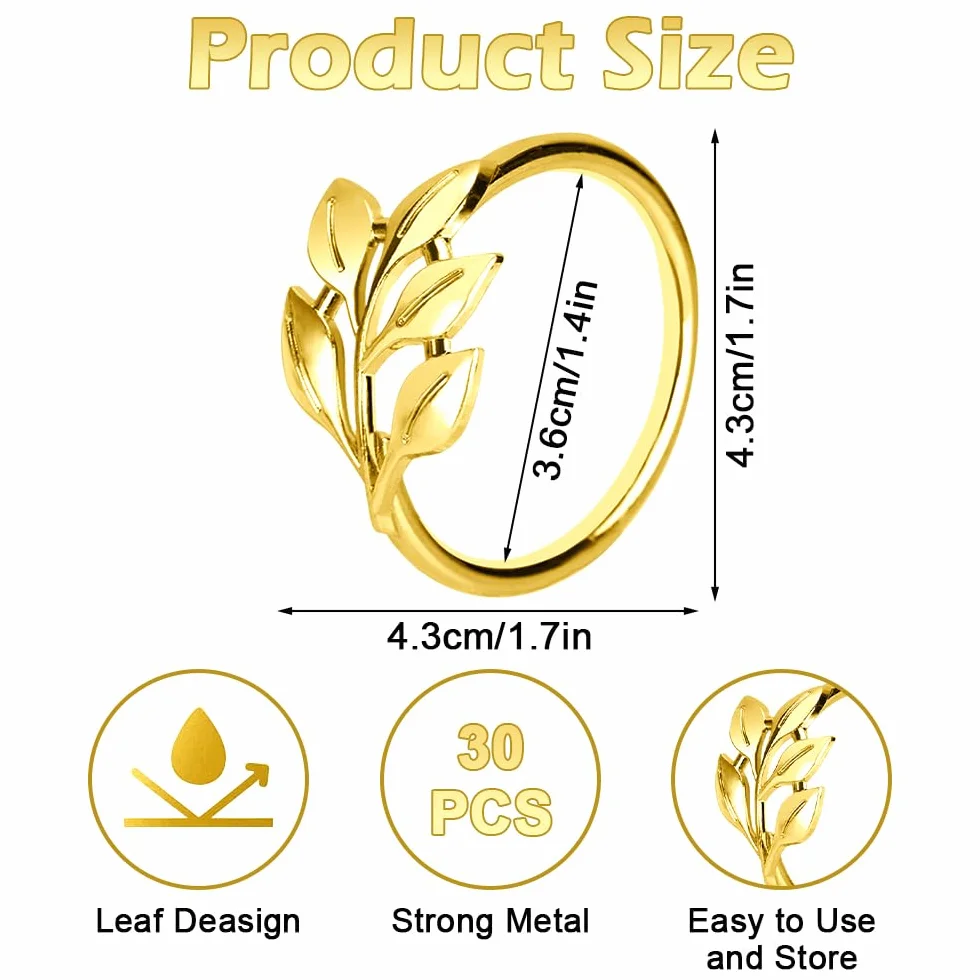 Blatt Serviettenringe Set, 30 Stück Metall Serviettenring Halter Schnallen für Tischdekorationen, Serviettenhalter für Stoffservietten Verzierung für Hochzeit Weihnachten Abendessen (Gold, 1.7in)