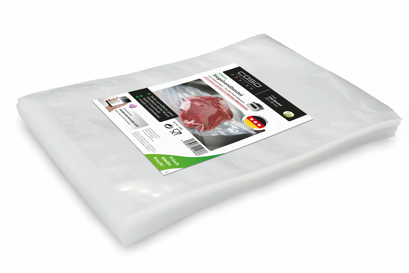 CASO Siegelrandbeutel 25 x 35 cm, 90 mμ, 100 Stück, ausschließlich für Kammervakuumierer, glatte Oberfläche, stabile Schweißnaht, BPA-Frei, Sous Vide, Made in Germany