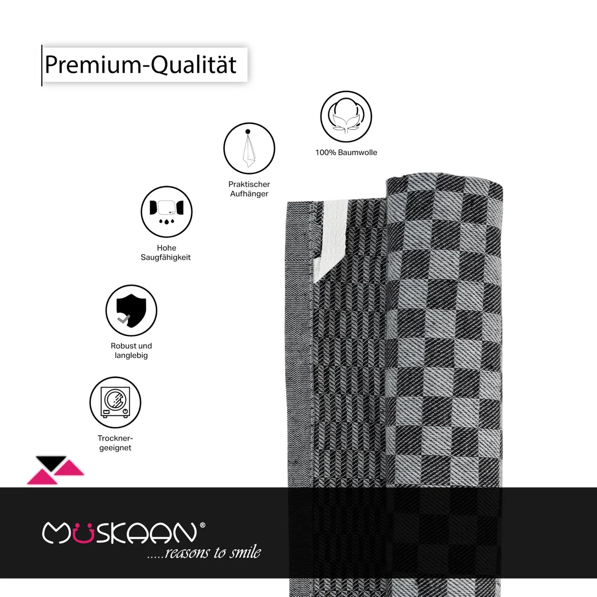 Müskaan 10er Set Geschirrtücher 100% Baumwolle 50x70 cm Schwarz 210 g/m² | Küchenhandtücher für Abtrocknen, Grubentücher zum Putzen, Fusselfrei Geschirrhandtücher, Küchentücher saugstark, Geschirrtuch