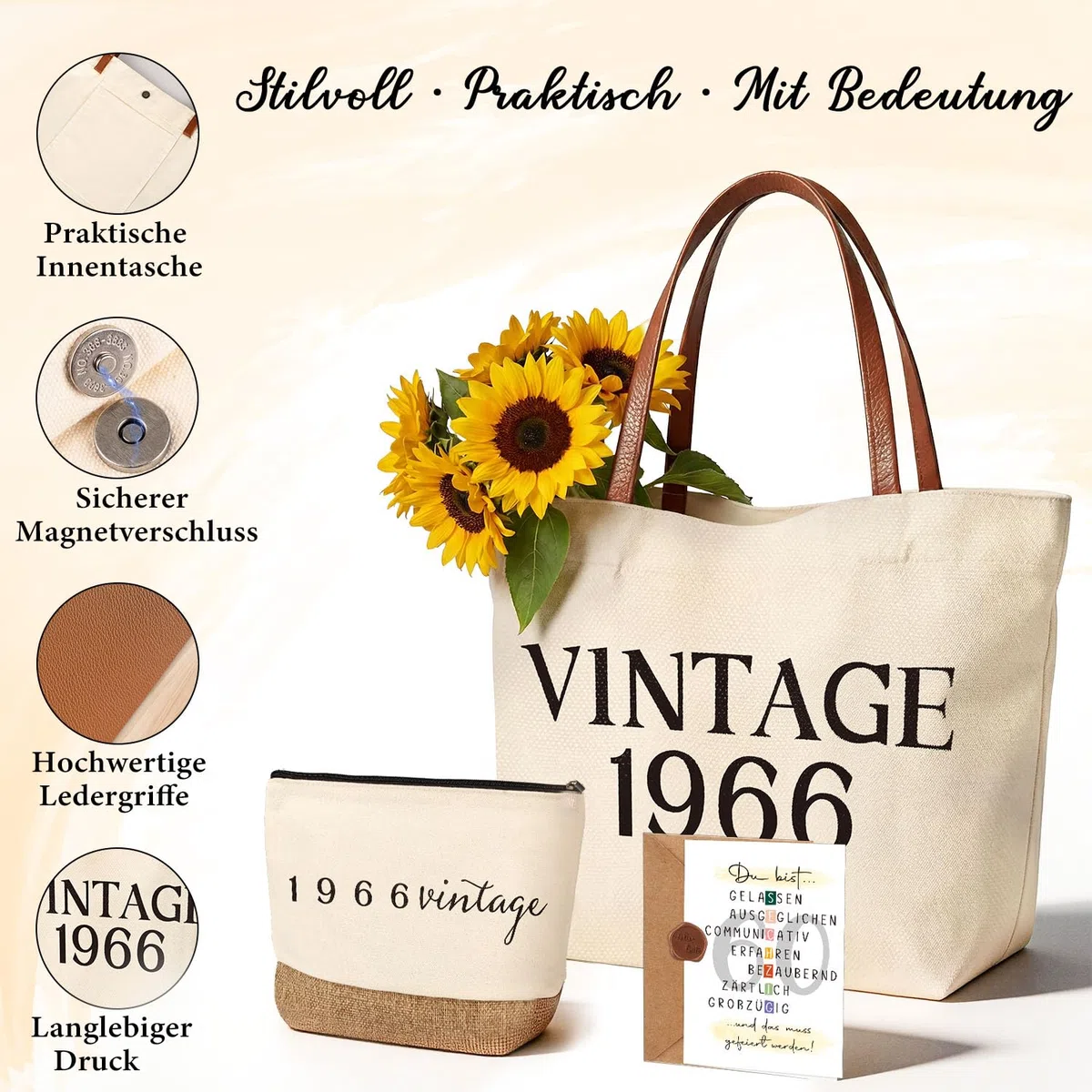 Giftota Geschenk Frau 50 Geburtstag, Vintage 1976 Geschenkset für Frauen, Große Canvas Tasche mit Ledergriffen & Kosmetiktasche, Back in 1976 Geburtstagsgeschenk