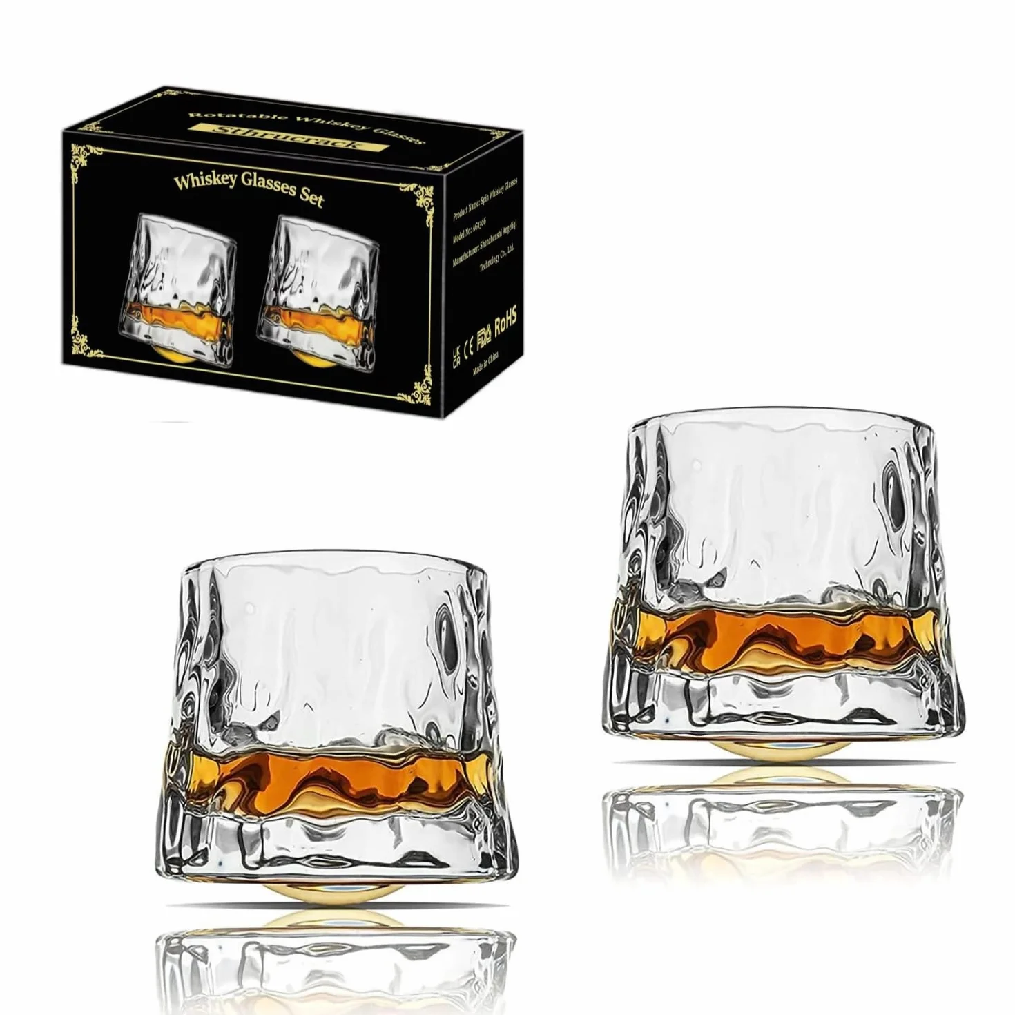 Whiskeygläser Drehbar zur Entspannung - Altmodisches Set mit 2 Bar-Stil-Glaswaren für Bourbon Scotch Rum (2er-Pack Hammer-Textur, 180ml (6oz))
