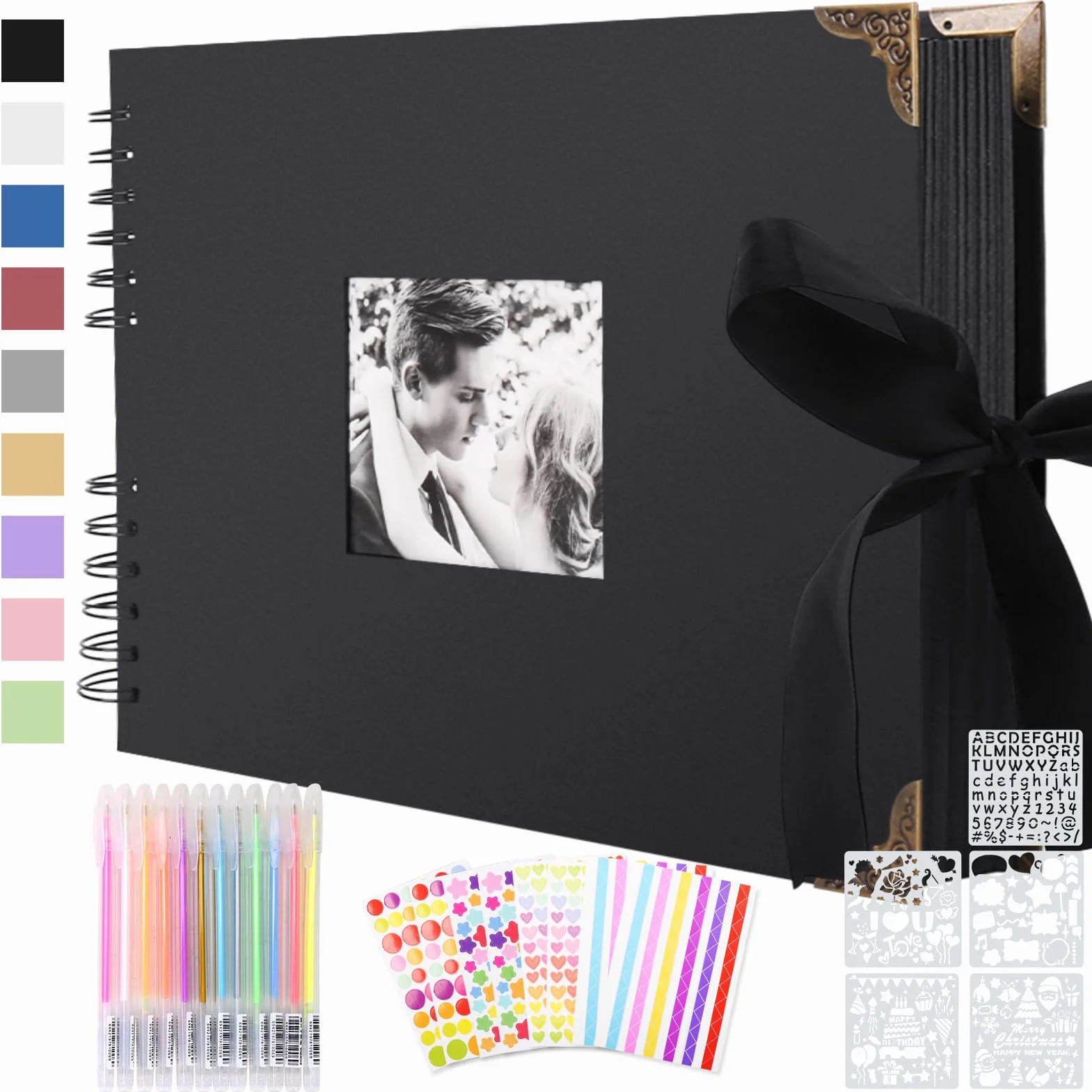 Fotoalbum zum Selbstgestalten 30x21 cm, Fotobuch zum Selbstgestalten mit 80 Schwarze Seiten, Platz für 160 Fotos, DIY Groß Zum Einkleben Scrapbook Set für Jahrestag Valentinstag mit Protektkegeln
