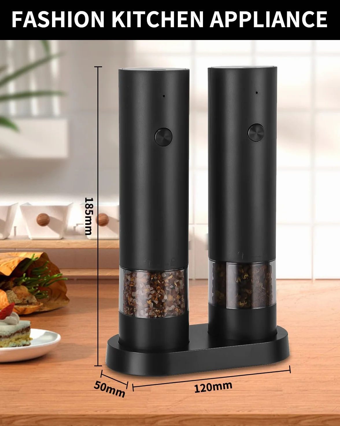 2er Set Salz und Pfeffer Mühle Elektrisch Salz und Pfeffermühlen Set Automatische Pfeffermühle, Einstellbarer Grobheit Gewürzmühle, mit Reinigungsbürste, Basis, für BBQ Restaurant Küche