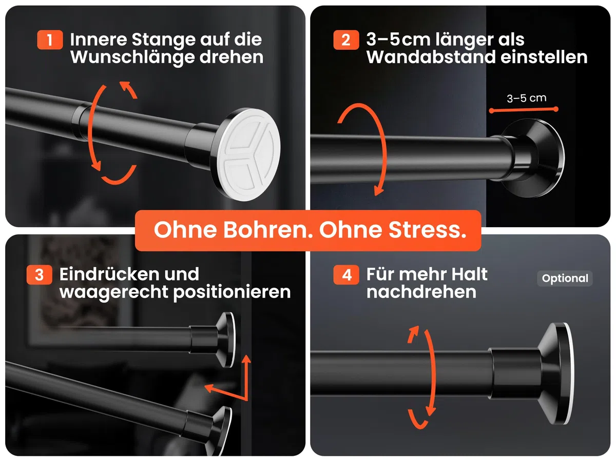 MEISENBERG Klemmstange für Gardinen - Matt Schwarz, Ø 25 mm - Gardinenstange ohne Bohren - Teleskopstange Vorhang - Duschstange zum Klemmen für Fenster, Dusche und Trennwand (70-120cm)