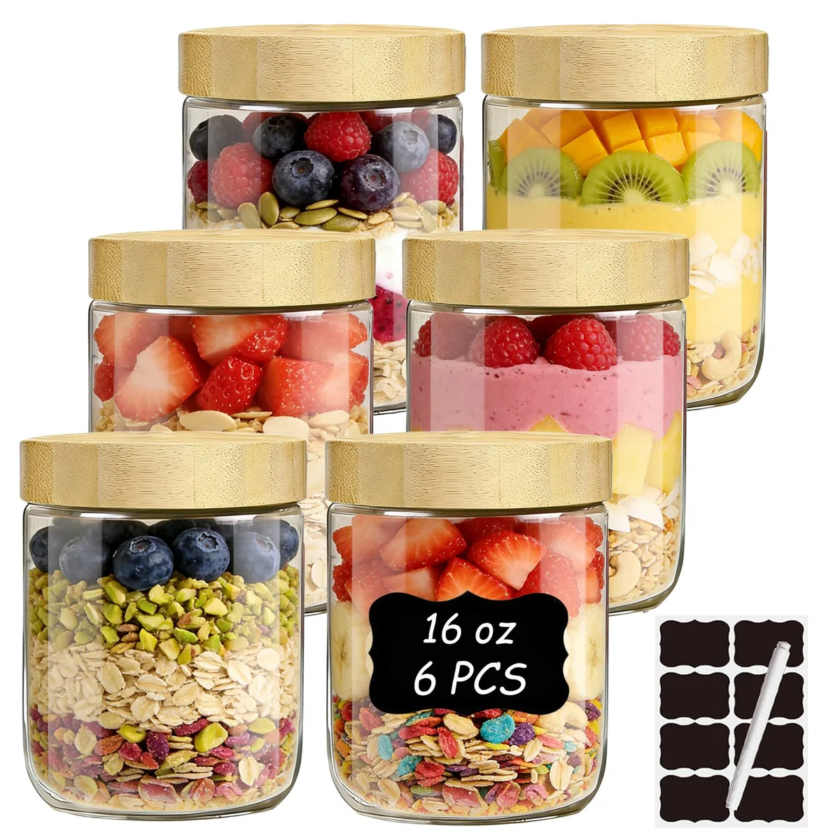 twoant 6 Stück Overnight Oats Gläser,500ml Einmachgläser mit Bamboo Deckel Schraubdeckelfür Hausgemachte Marmelade,Joghurt,Pudding,Einlegen.Etiketten & Stift