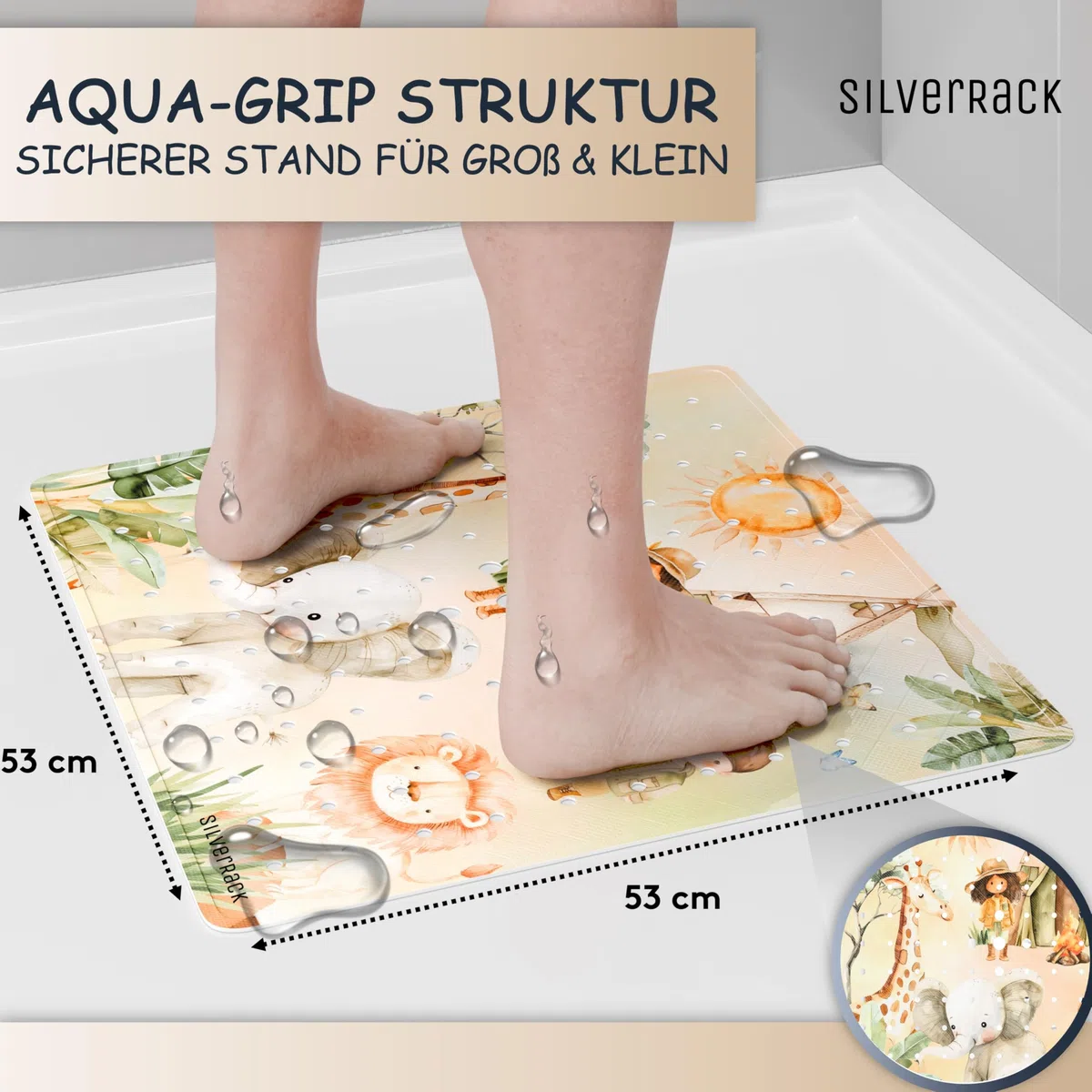 SilverRack Duschmatte rutschfest 53x53 cm (Safari) - Antirutschmatte Dusche BPA frei - Badematte rutschfest, maschinenwaschbar u. schimmelresistent