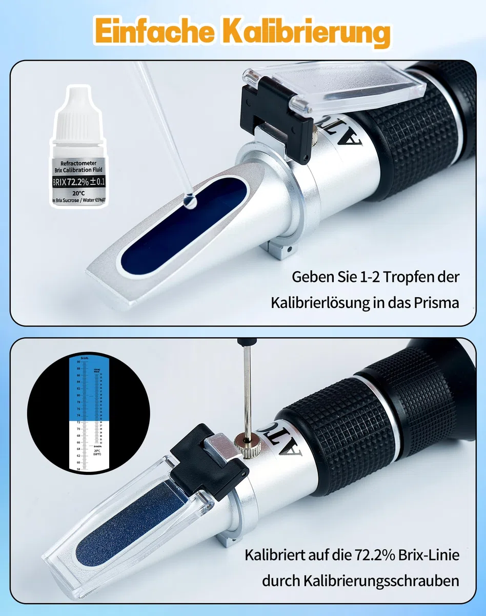 2 in 1 Honig Refraktometer mit ATC Imker Refraktometer Brix 58-90% Wassergehalt im Honig 12-32% Refractometer Honig Handrefraktometer für Honig Zuckersirup Fruchtmarmelade Melasse