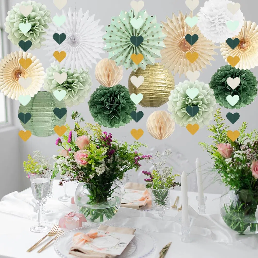 Party Deko Salbeigrün Olivgrün Weiß Gold Geburtstag Deko Grün Gold Seidenpapier Pompons Deko Papierlaterne für Babyparty Brautparty Hochzeit Party