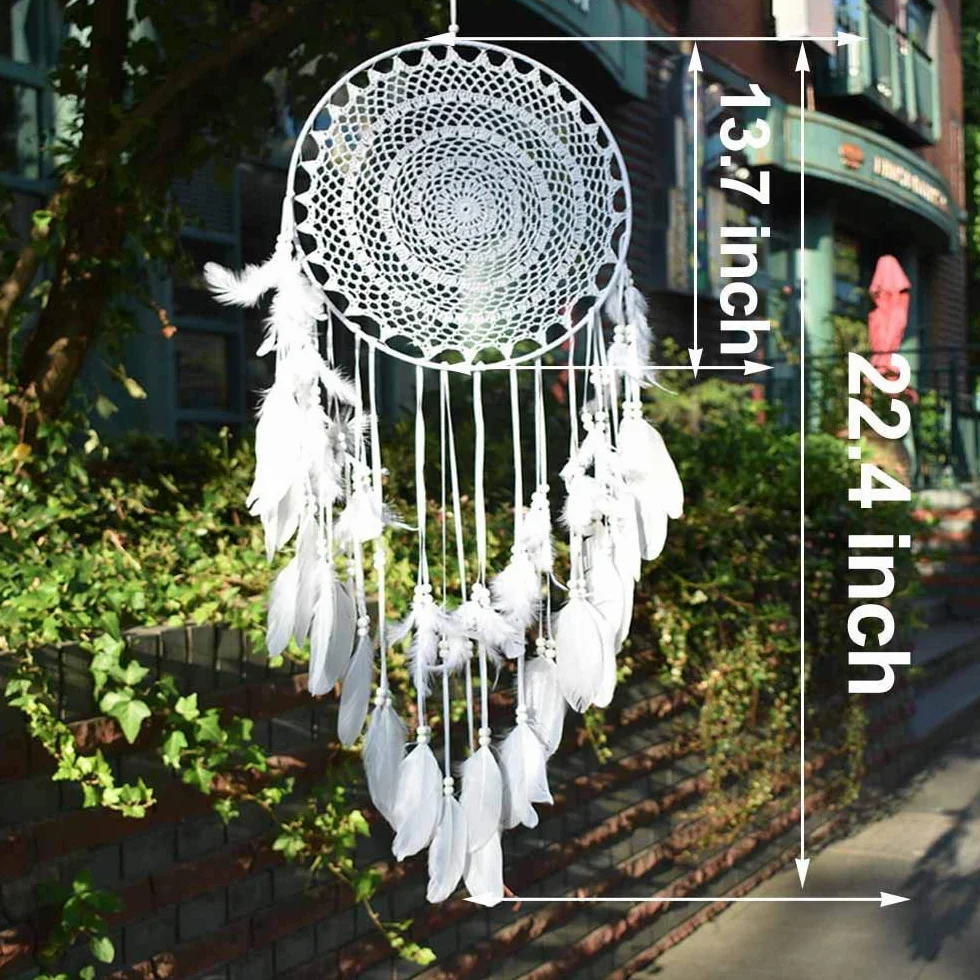 großer Traumfänger im Boho-Stil, mit weißer Feder, Makramee, Wandbehang für Vintage-Hochzeit oder zur Heimdekoration, 35 cm Kreis, 115 cm lang, Weiß