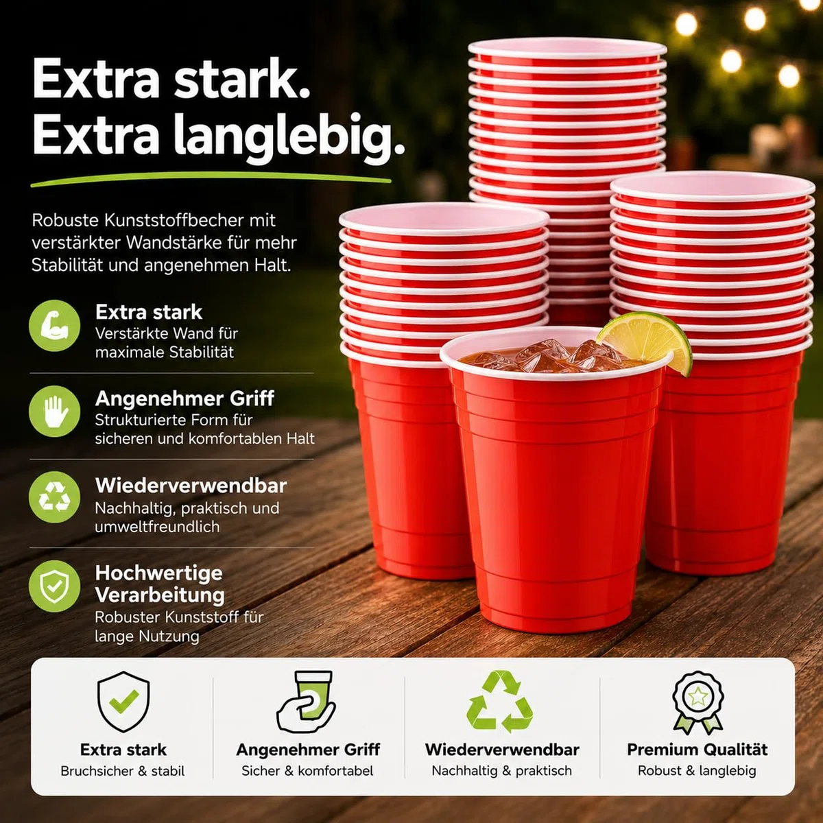 Red Cups extra stark – 473 ml / 16 oz Beer Pong Becher, wiederverwendbare Partybecher, rote Plastikbecher für Bierpong, Partys, Festivals, JGA, Camping (250x)