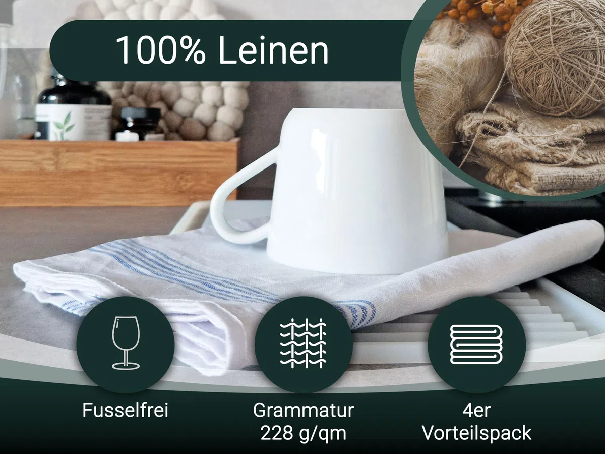 ZOLLNER 4er Set Geschirrtücher, Küchentücher, 50x70 cm, Leinen, weiß blau