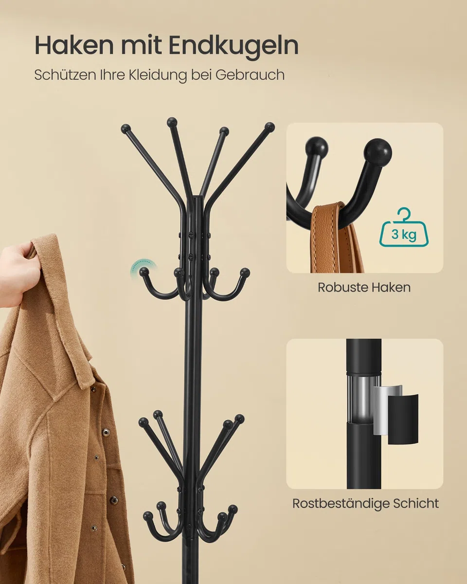 SONGMICS Kleiderständer, Garderobenständer aus Metall, Garderobe, für Kleidung, Taschen und Hüte, Höhe 175 cm, mit 16 Haken, Eingangsbereich, Wohnzimmer, Schlafzimmer, tintenschwarz RCR081BH01