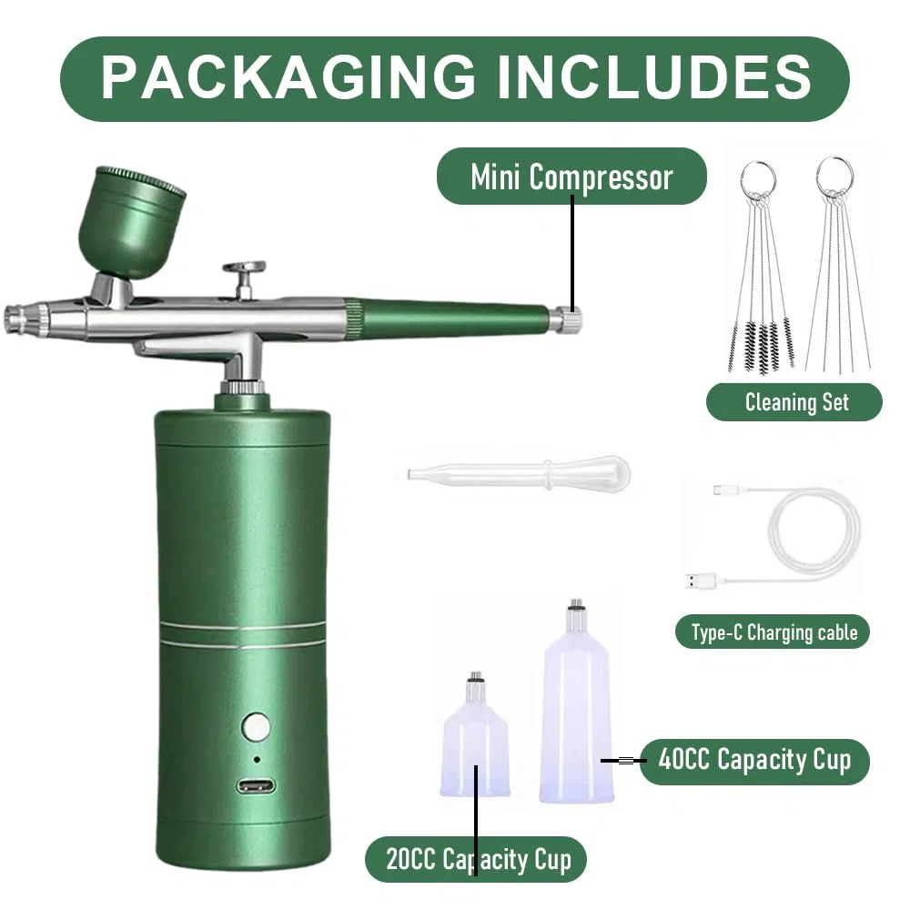Kabelloses Airbrush Set mit Kompressor – Tragbare Airbrushpistole für Kuchendekoration Nageldesign Make-up Tattoos Modell- und Gesichtsbemalung (Grün)