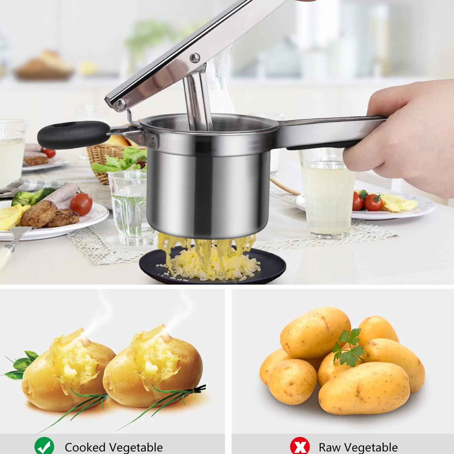 Kartoffelpresse Edelstahl,Gemüse Kartoffelpüree Kartoffelstampfer mit 3 Austauschbare Spätzlesieb,Rutschfestem Silikongriff Spätzlepresse Spülmaschinenfest