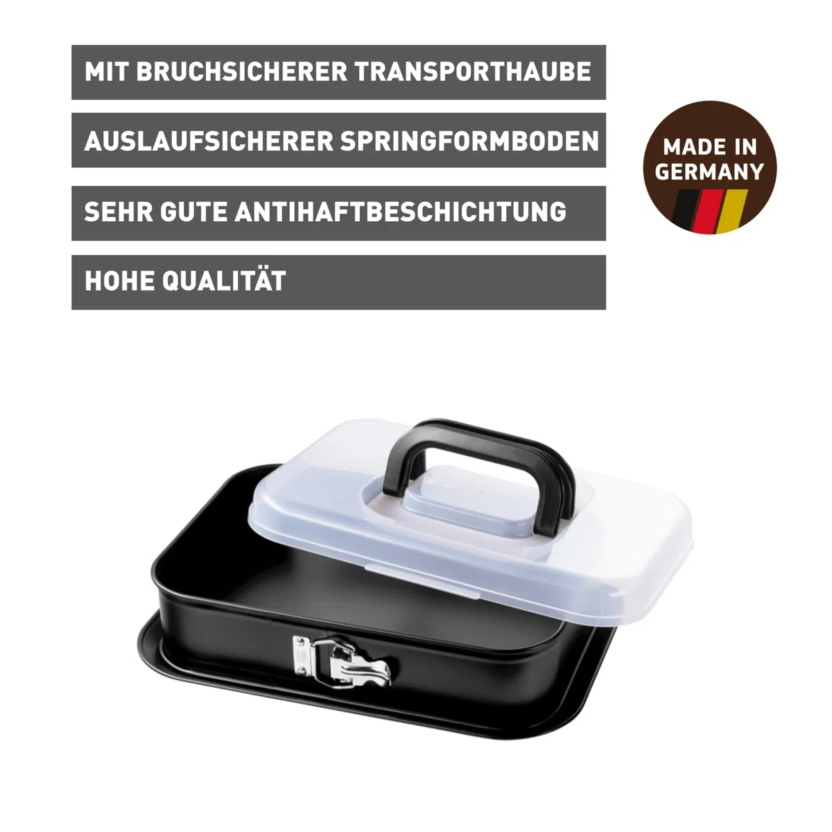 Original Kaiser Inspiration Springform rechteckig 36 x 24 cm, Backform rechteckig mit Deckel, Kuchenform mit praktischer Transporthaube, antihaftbeschichtet, klappbarer Griff, Tiramisu Form