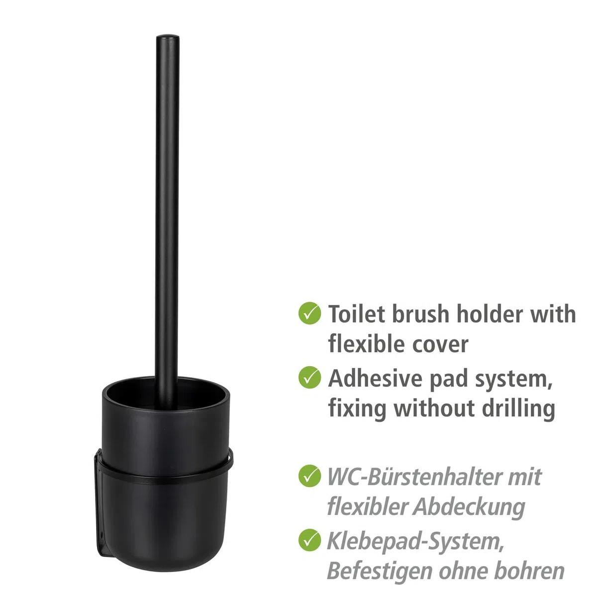 WENKO WC-Garnitur Mod. Carpino Kunststoff WC-Bürstenhalter für einfache Befestigung ohne Bohren Flexible Abdeckung Wandhalterung Metall Schwarz