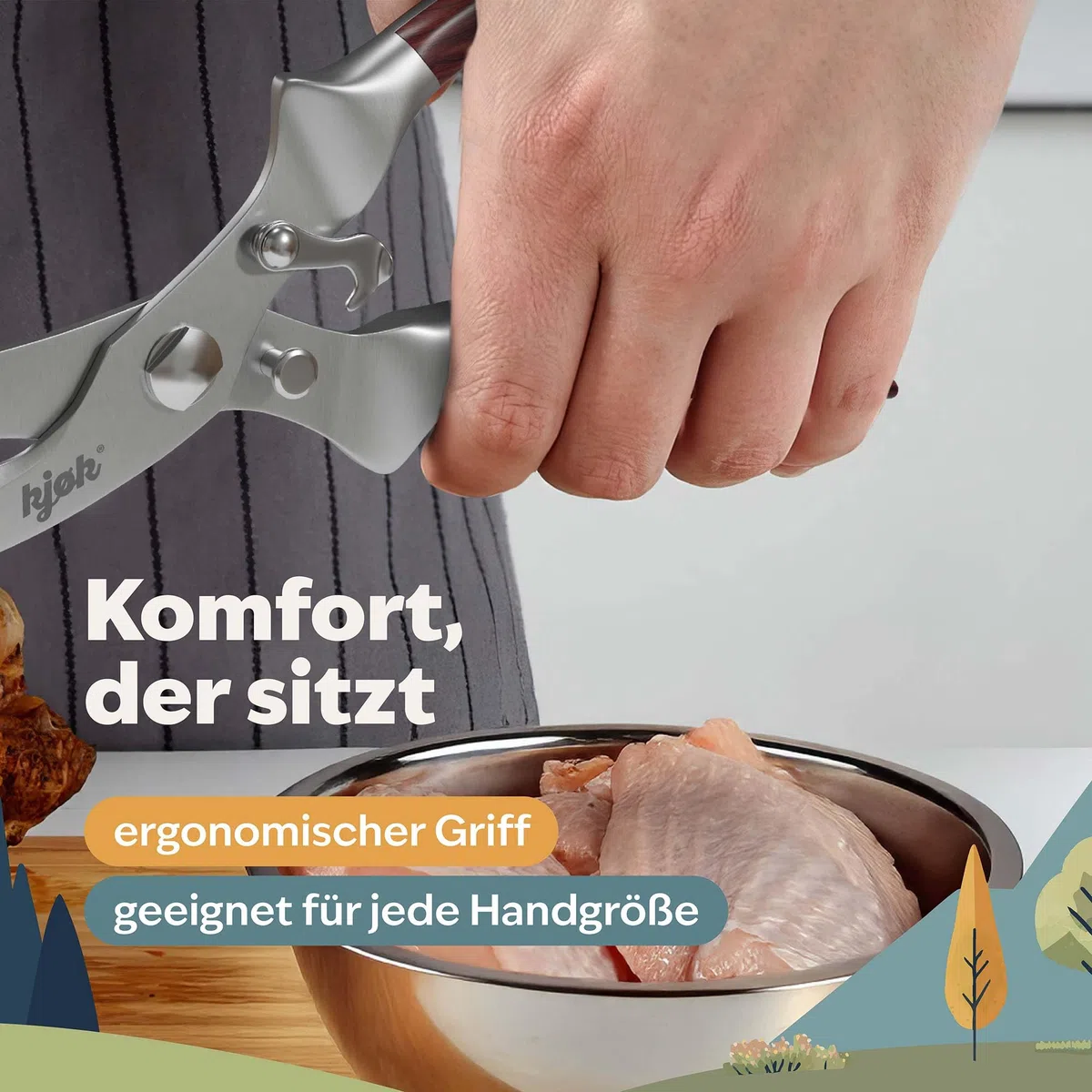 kjøk Geflügelschere Edelstahl mit Echtholzgriff – Tranchierschere für Hähnchen, Gans & Ente – durchtrennt Knochen, Sehnen & Gelenke – auch für Kräuter & Pizza – spülmaschinengeeignete Klingen