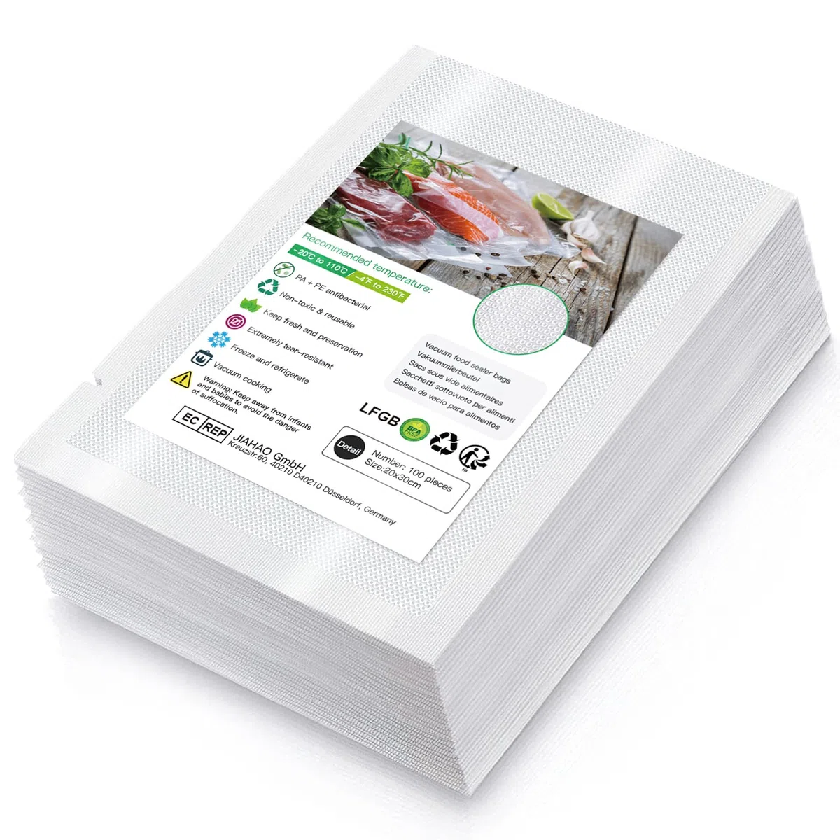 Accenter Vakuumierbeutel 20x30cm/100 Beutel 210 Microns Profi Vakuumierfolie für Vakuumierer & Lebensmittel Vakuumiergerät, BPA-frei, Sehr Stark, Kochfest, Sous Vide geeignet, Wiederverwendbar