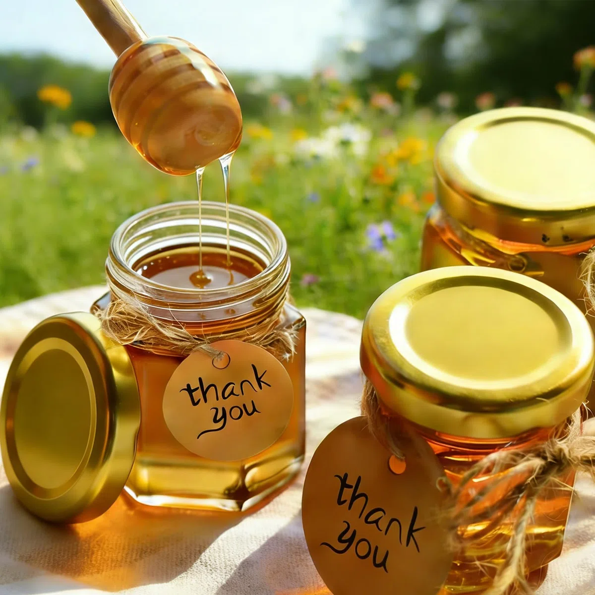 20 Stück 45ml Kleine Honiggläser, Hexagon Mini Glas Marmeladengläser mit Aufkleber, Hölzernen Dippers, Geschenktüten, Jutes, Gilt für Gastgeschenk Set für Hochzeit, Party, Geburtstag