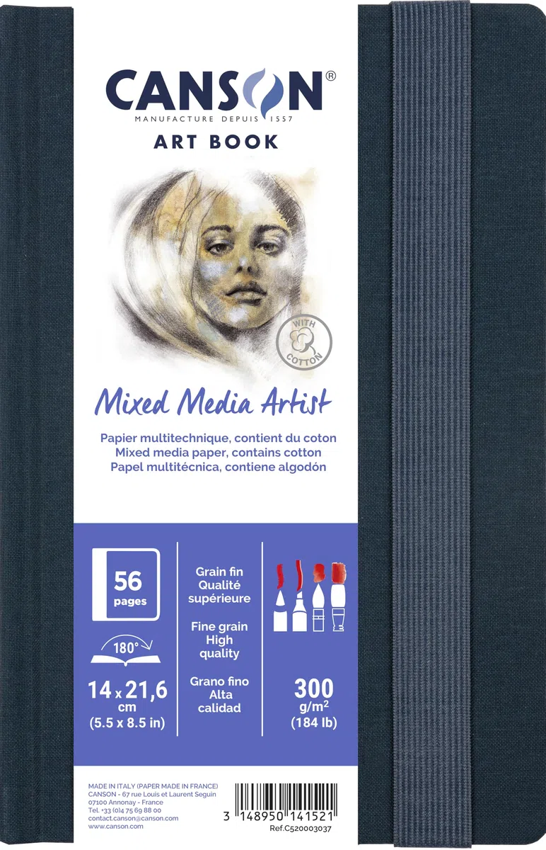 Canson Mixed Media Papier Art Book, feine Körnung, 300 g/m², an der langen Seite gebundenes Buch, Hardcover, 14 x 21,6 cm, Weiß, 28 Blatt