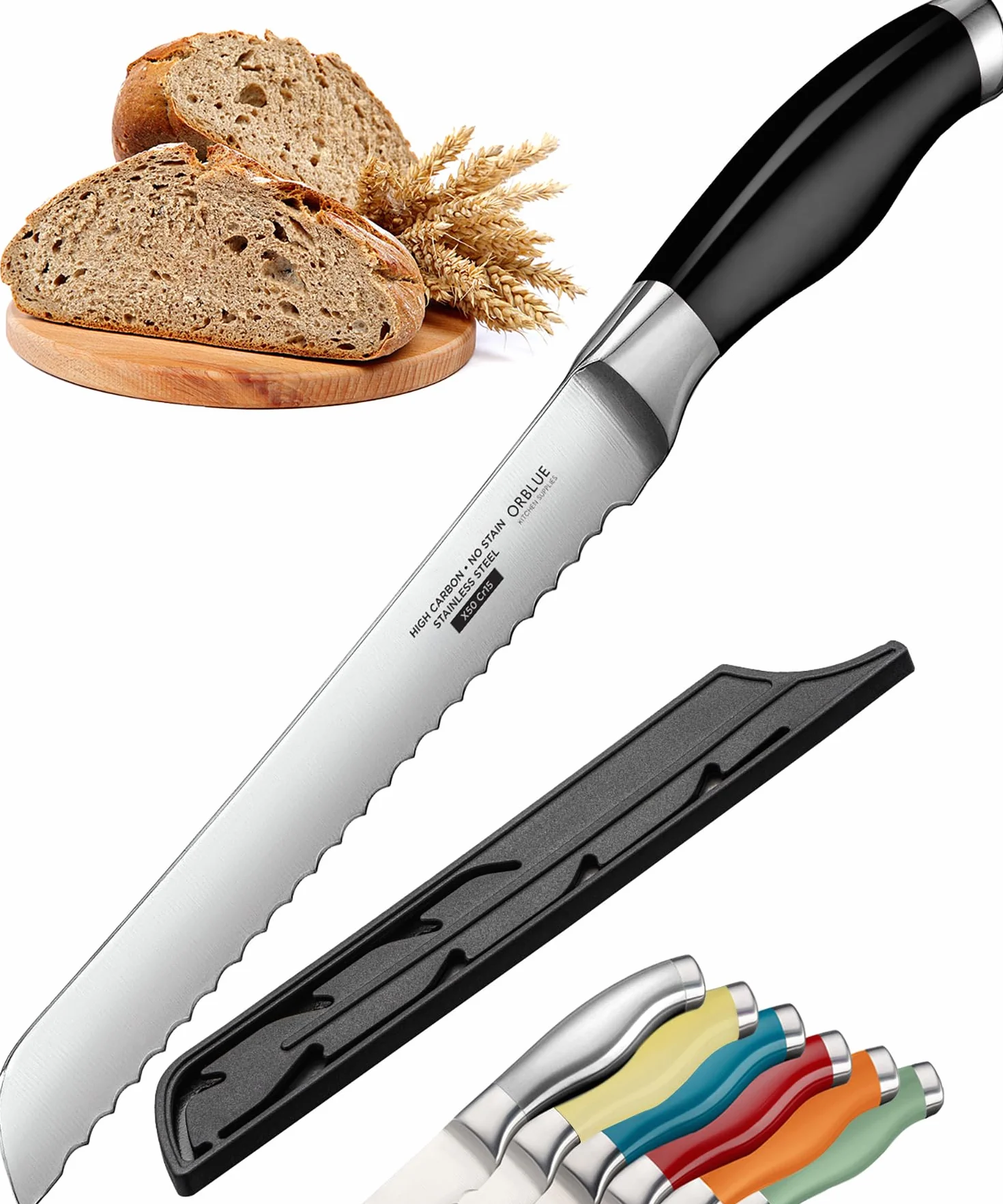 Orblue Brotmesser aus Edelstahl mit Wellenschliff – Ultrascharfes Profi Küchenmesser, Ideal für Brot, Bagels & Kuchen, Schwarz