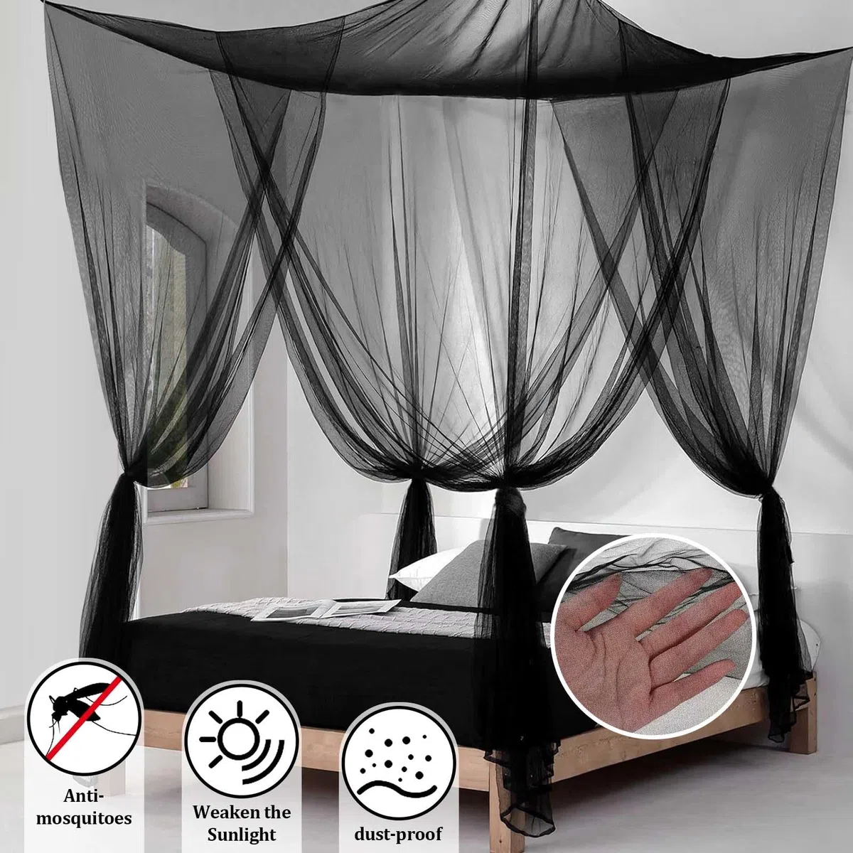 Betthimmel,Hängendes Moskitonetz Bett,Screen Netting Himmelbett Vorhänge,Insektenschutz Mosquito Netz Bett,4 Einträge Quadratische Canopy Bed Curtains,Moskitonetz Schwarz für Freien Drinnen