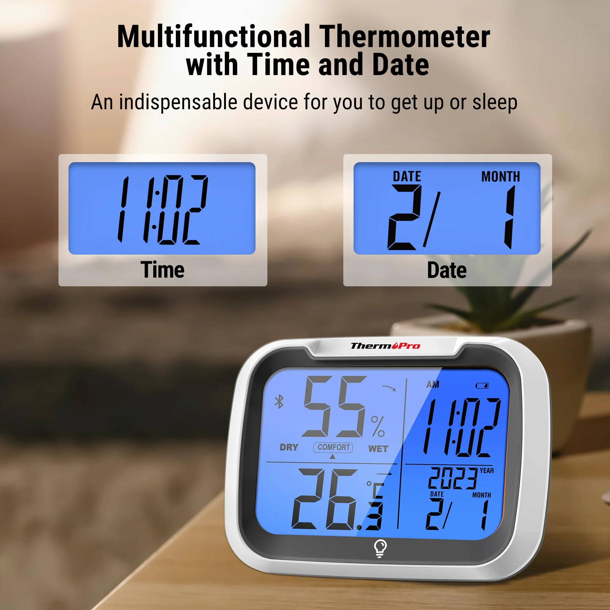 ThermoPro TempPro Bluetooth Hygrometer Thermometer Innen ±0.5℃ Luftfeuchtigkeitsmesser mit Uhrzeit Datum Thermometer für Innenräume, Büro, Großes Display Blau