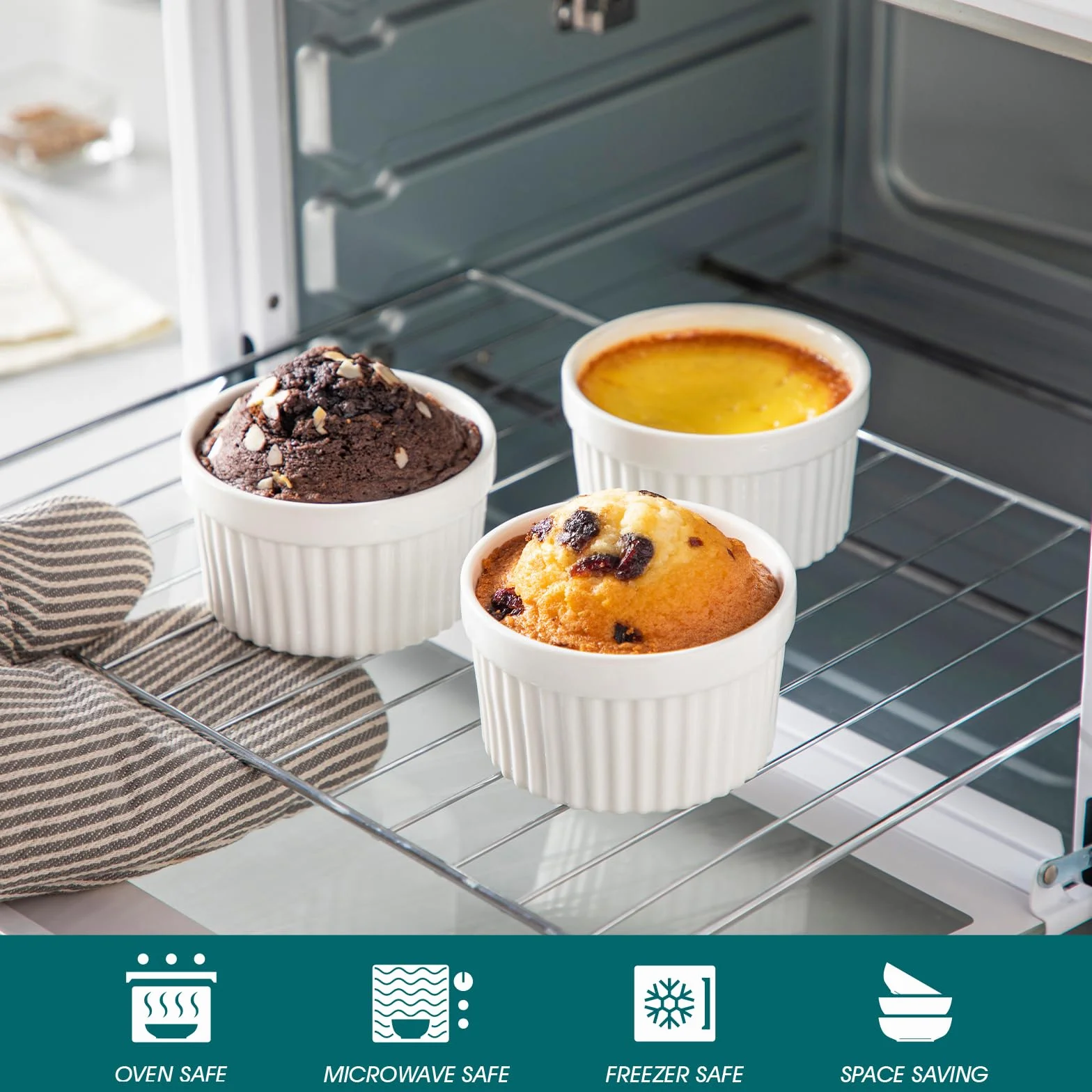 vancasso RAMEKINS 200ml Soufflé Förmchen Set von 6, Ø9,5cm Creme Brulee Schälchen Backofen sicher, Porzellan Soufflés mit Deckel, Kleine Keramik-Schalen, Mini Auflaufformen zum Backen, Weiß